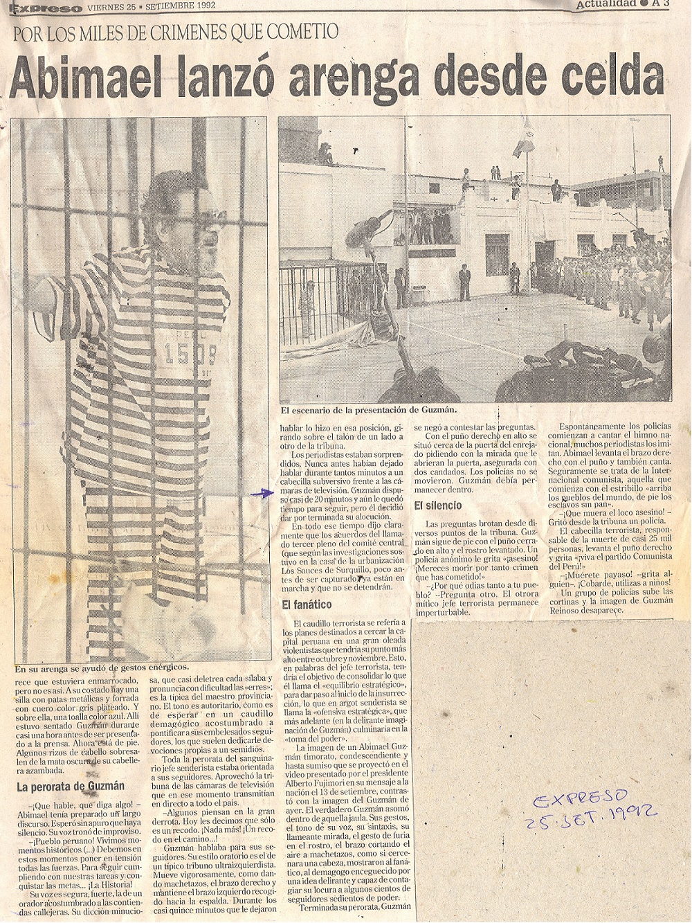 En tono amenazante Abimael lanzó arenga desde celda