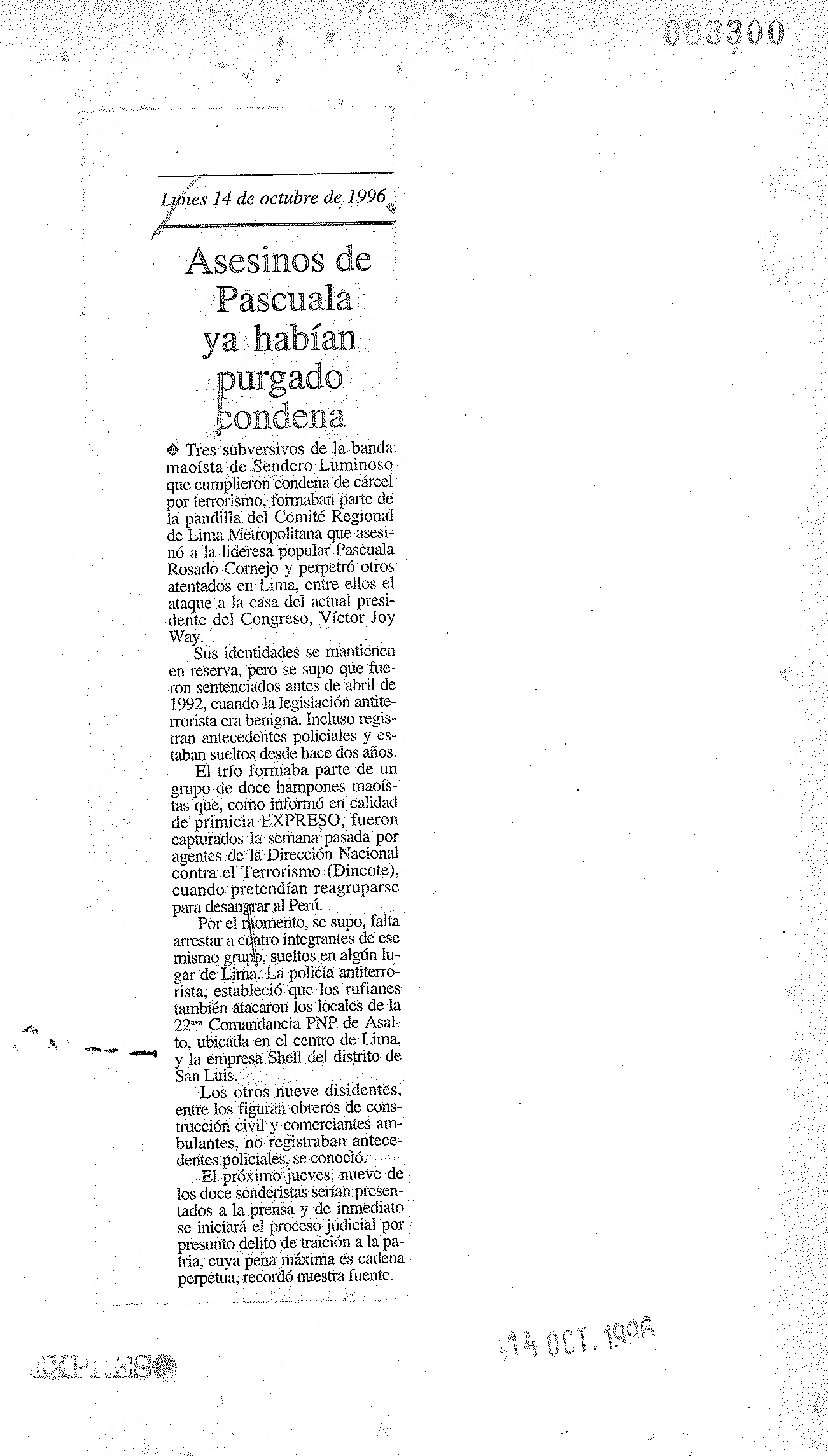 3. 14 de octubre de 1996 - Asesinos de Pascuala ya habían purgado condena