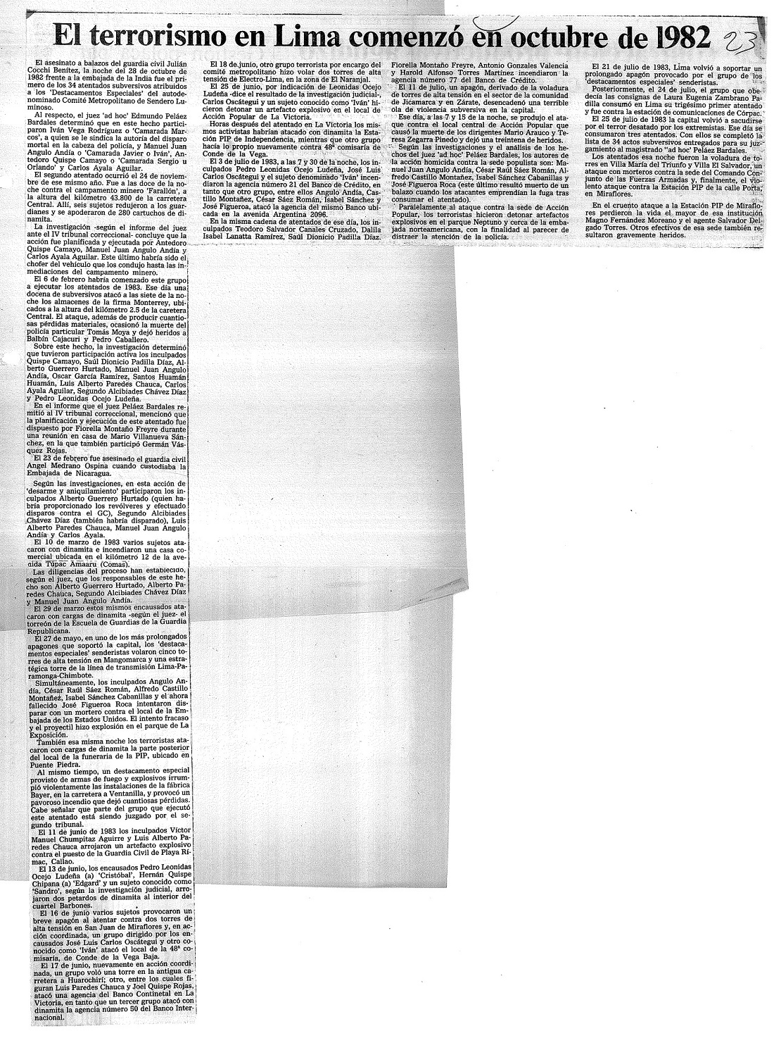 El terrorismo en Lima comenzó en octubre de 1982