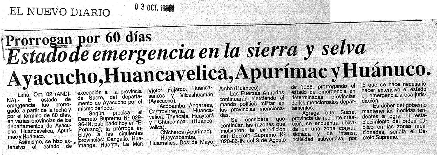 Estado de emergencia en la sierra y selva. Ayacucho, Huancavelica, Apurímac y Huánuco