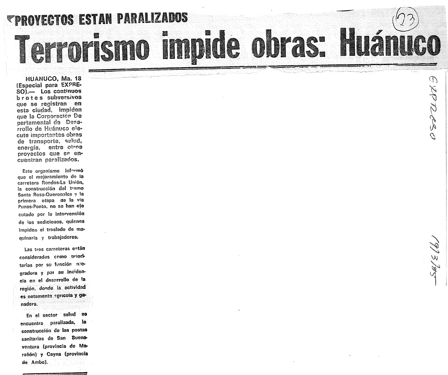 Terrorismo impide obras: Huánuco