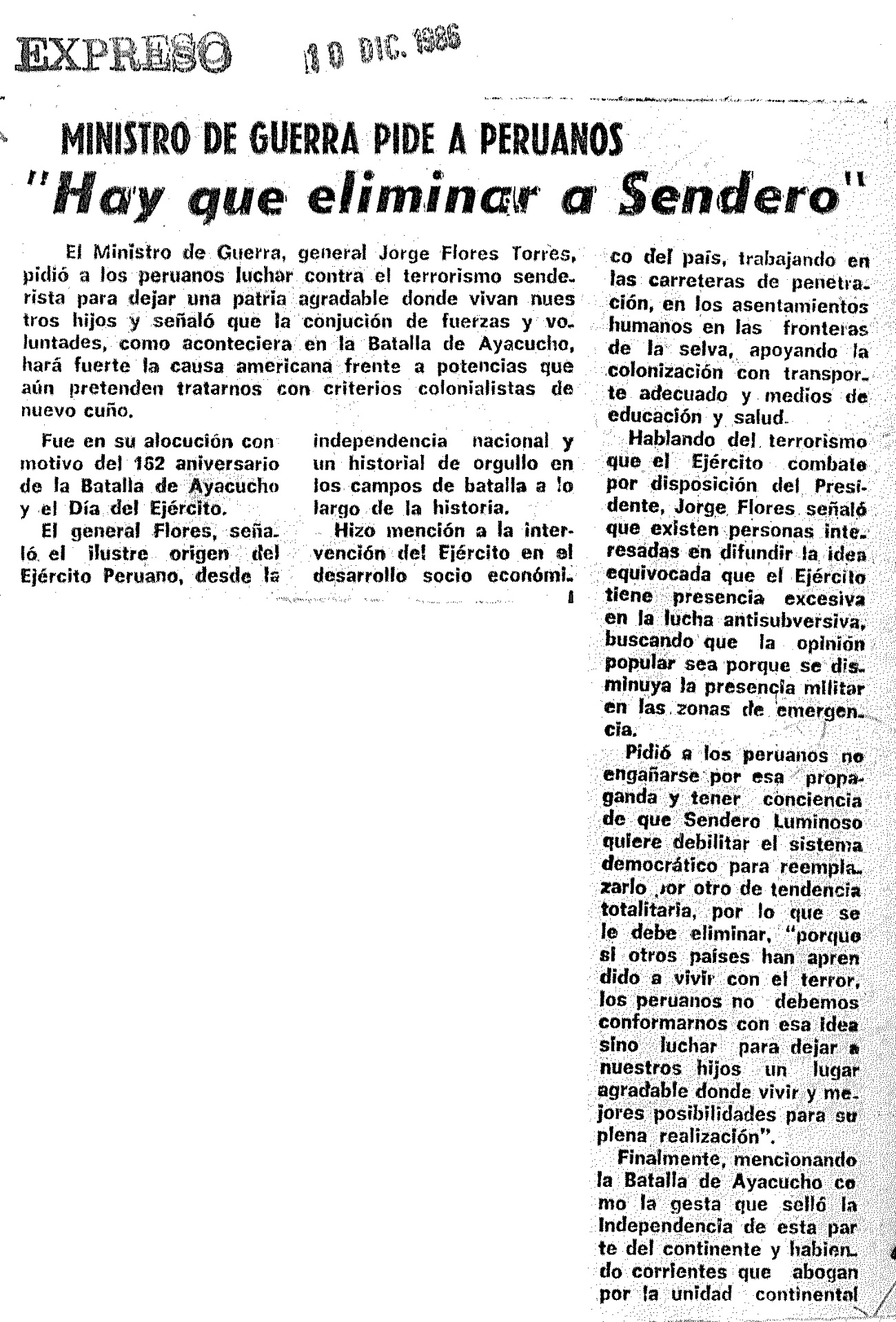 “Hay que eliminar a Sendero”