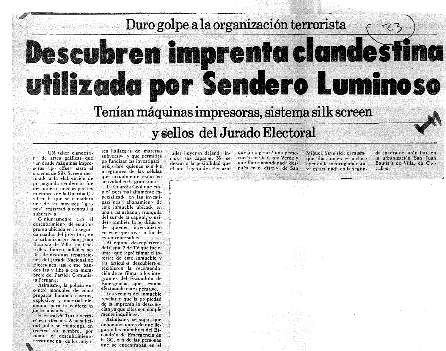 Allanan gran imprenta de terroristas en Chorrillos
