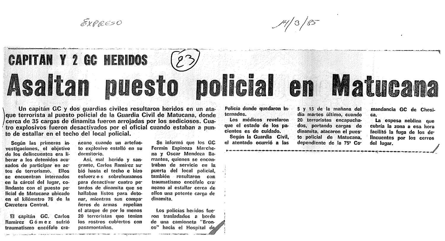 Asaltan puesto policial en Matucana