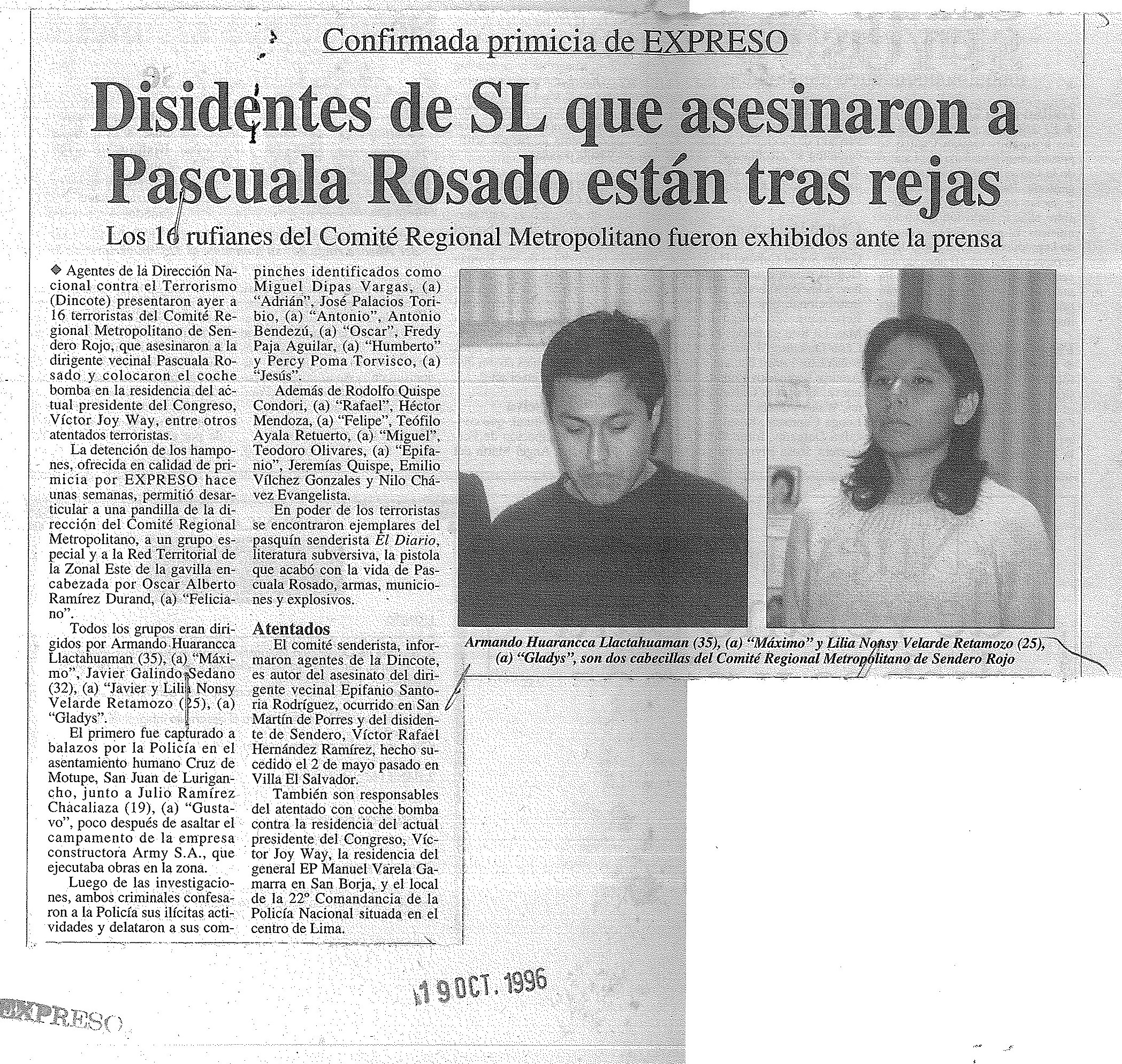 4. 19 de octubre de 1996 - Disidentes de SL que asesinaron a Pascuala Rosado