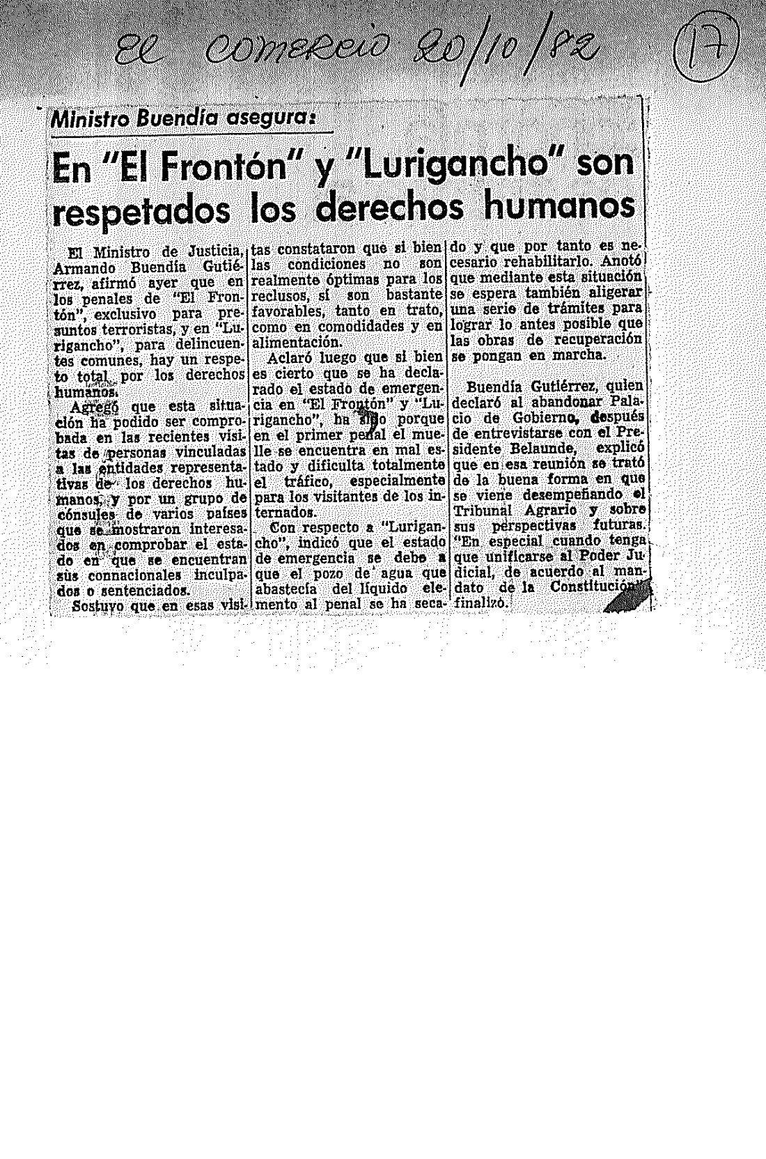 En "El Frontón" y "Lurigancho" son respetados los derechos humanos