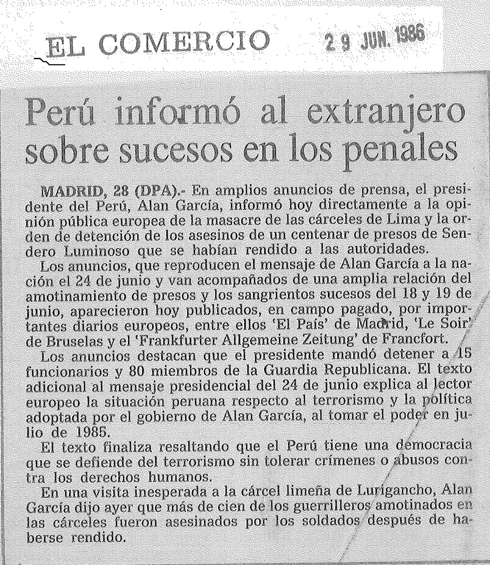 Perú informó al extranjero sobre sucesos en los penales