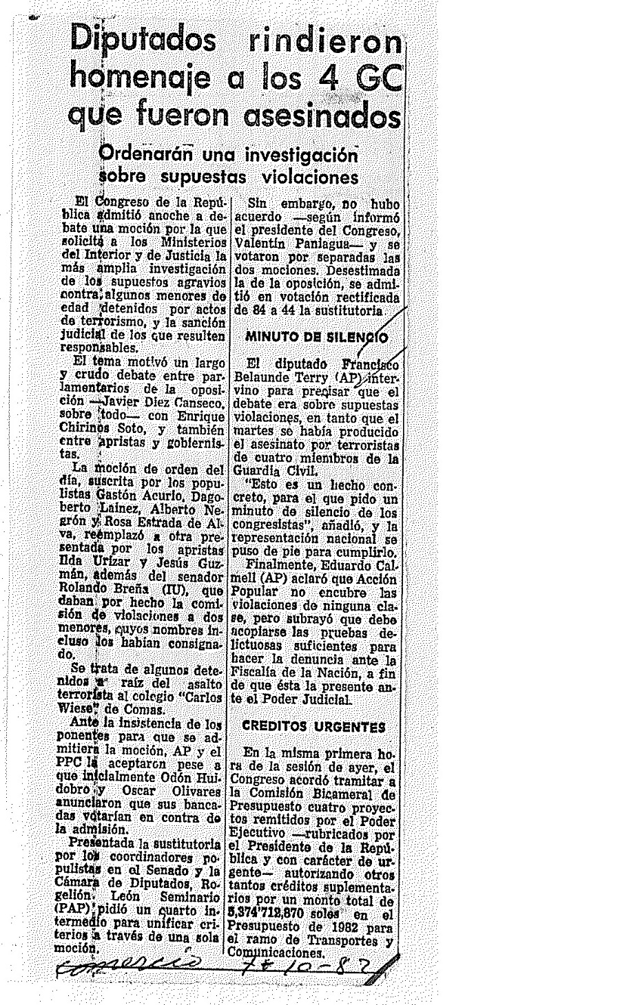 Diputados rindieron homenaje a los 4 GC que fueron asesinados