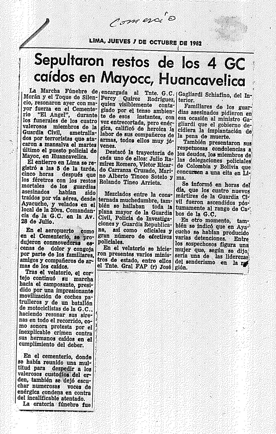 Sepultaron restos de los 4 GC caídos en Mayocc, Huancavelica