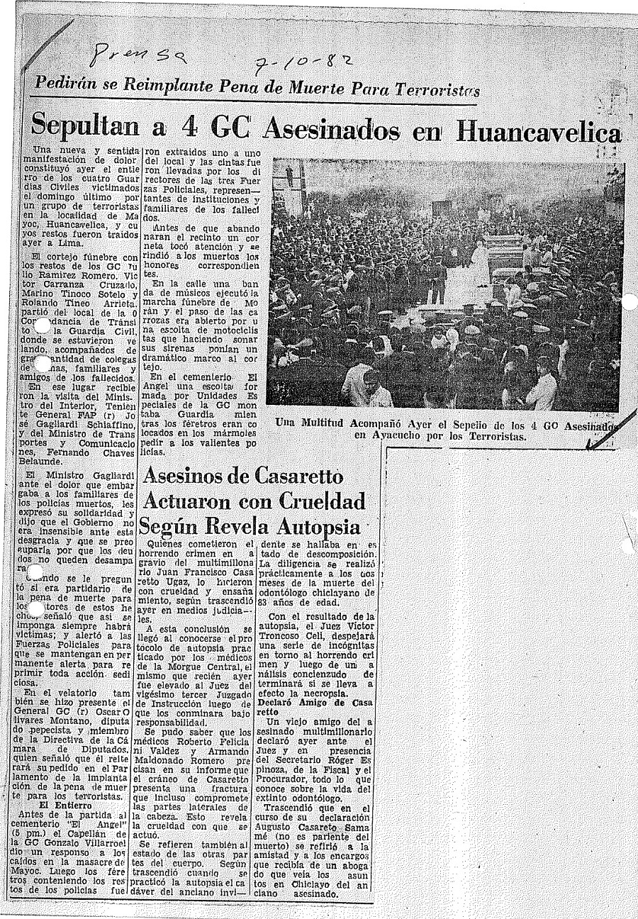 Sepultaron restos de los 4 GC caídos en Mayocc, Huancavelica