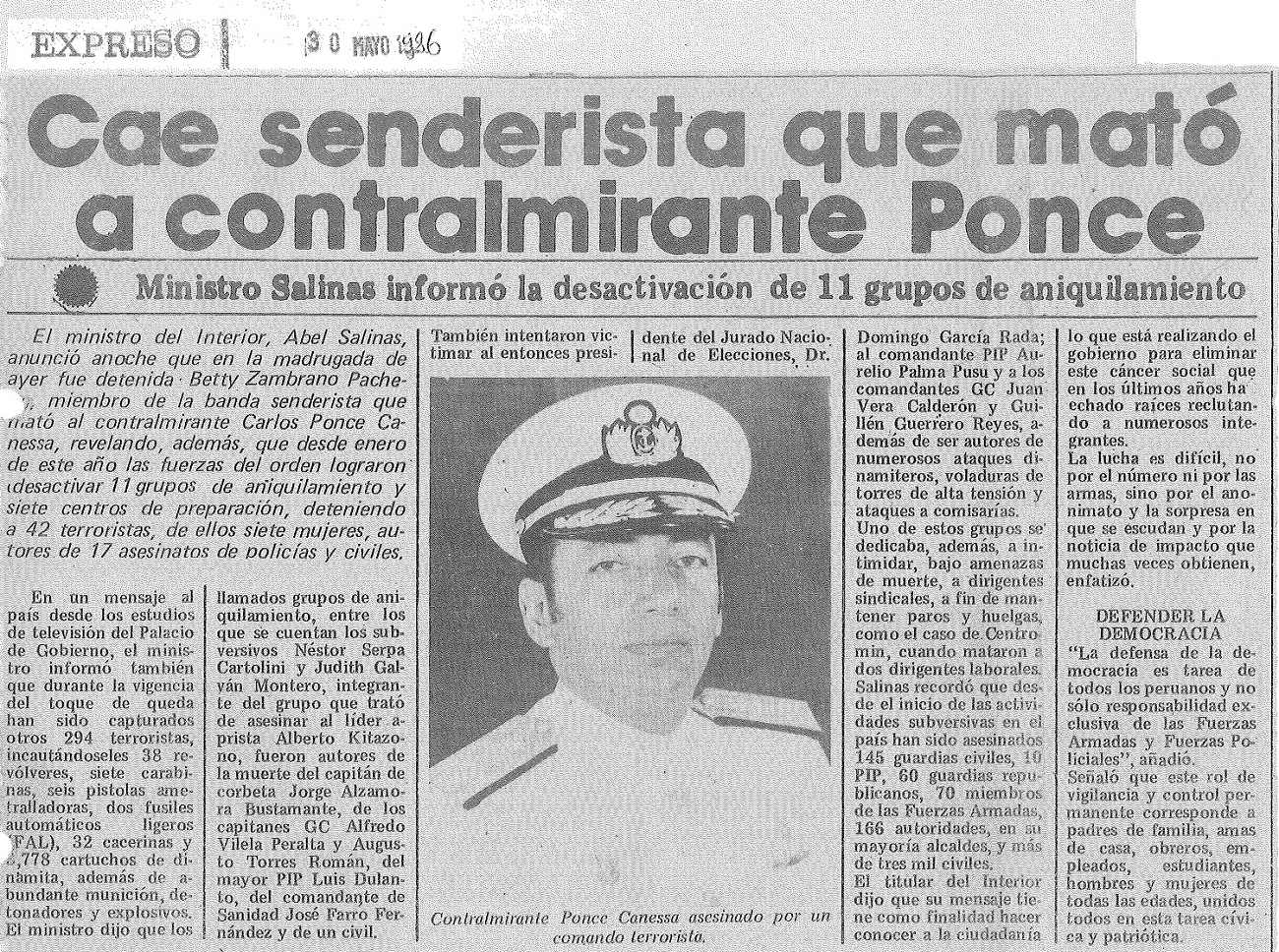 Cae senderista que mató a contralmirante Ponce