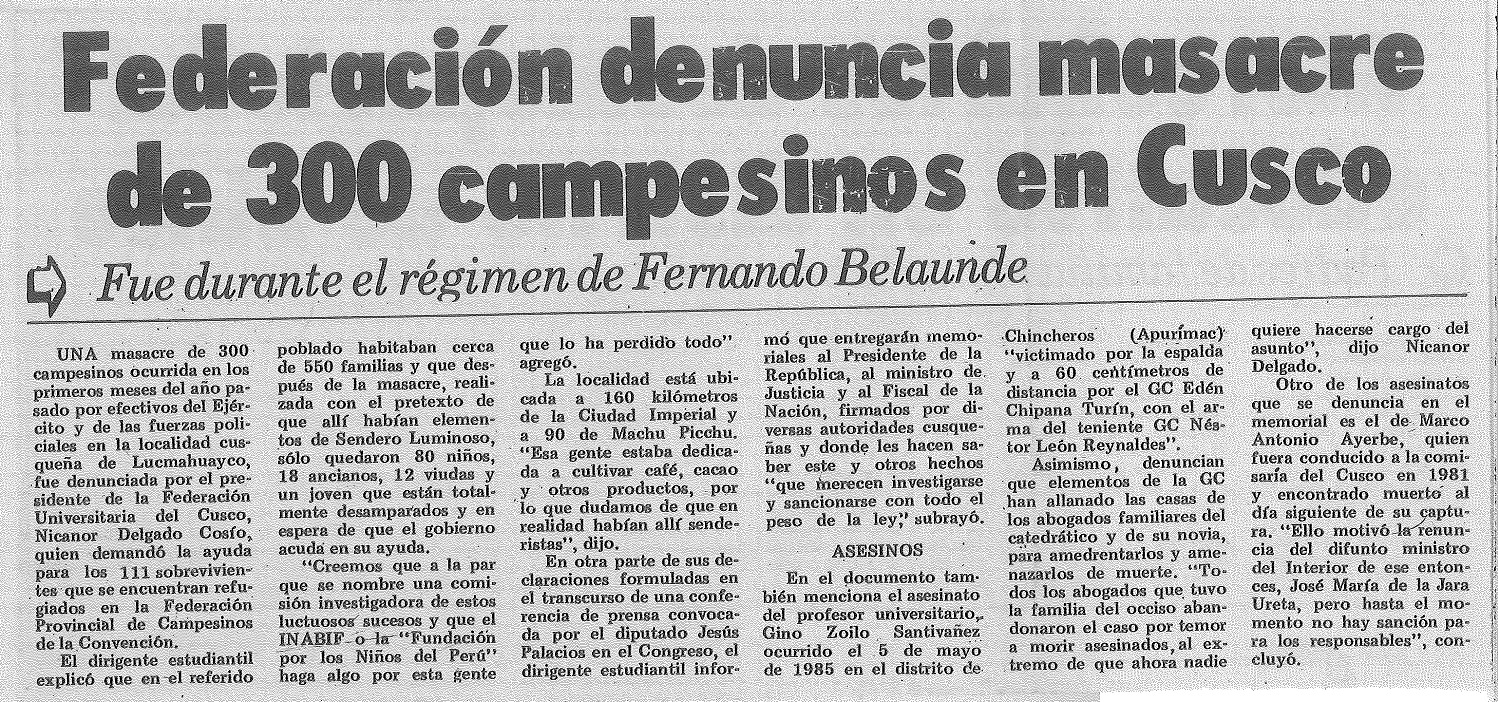 Federación denuncia masare de 300 campesinos en Cusco