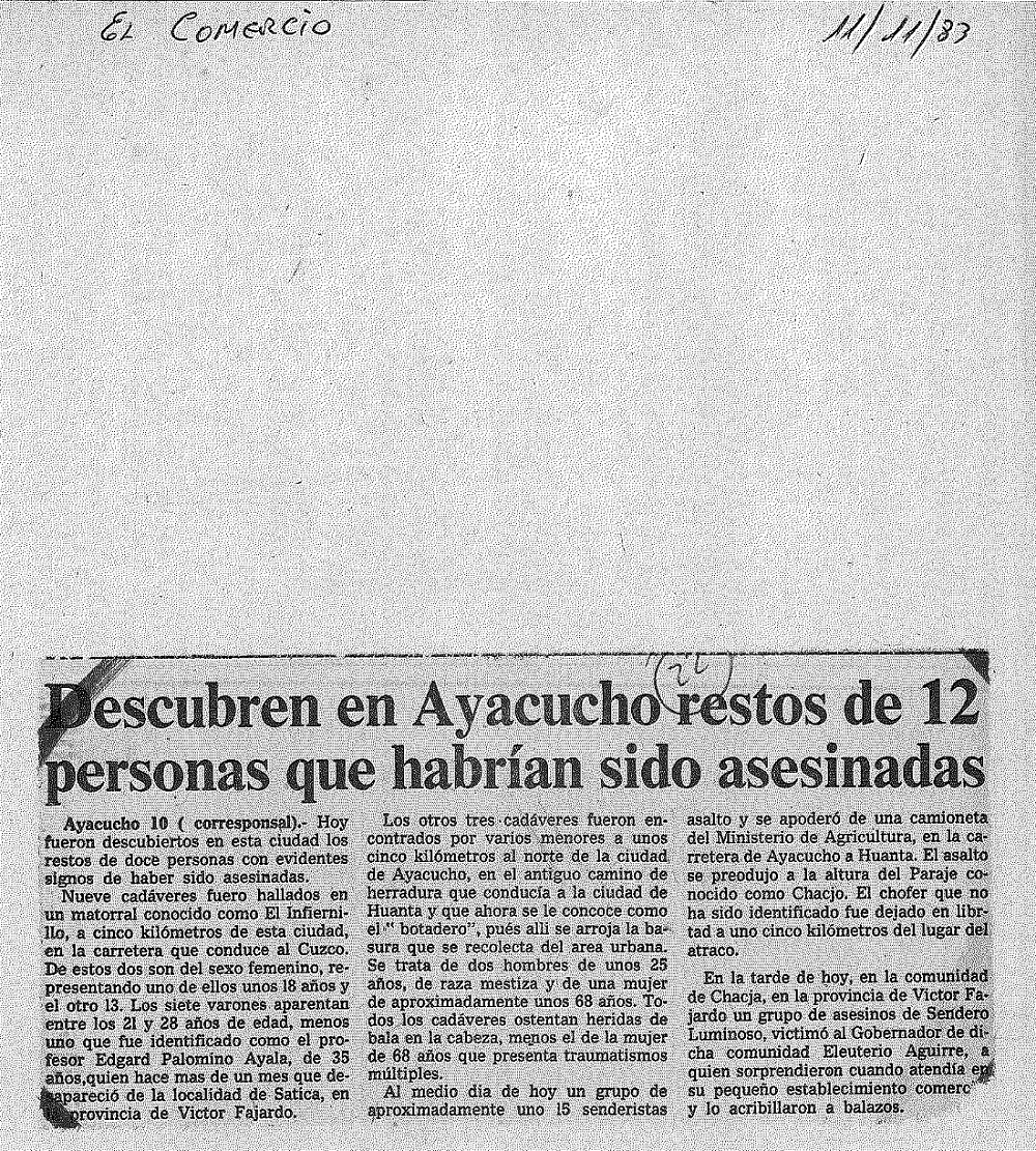 Descubren en Ayacucho restos de 12 personas que habrían sido asesinadas