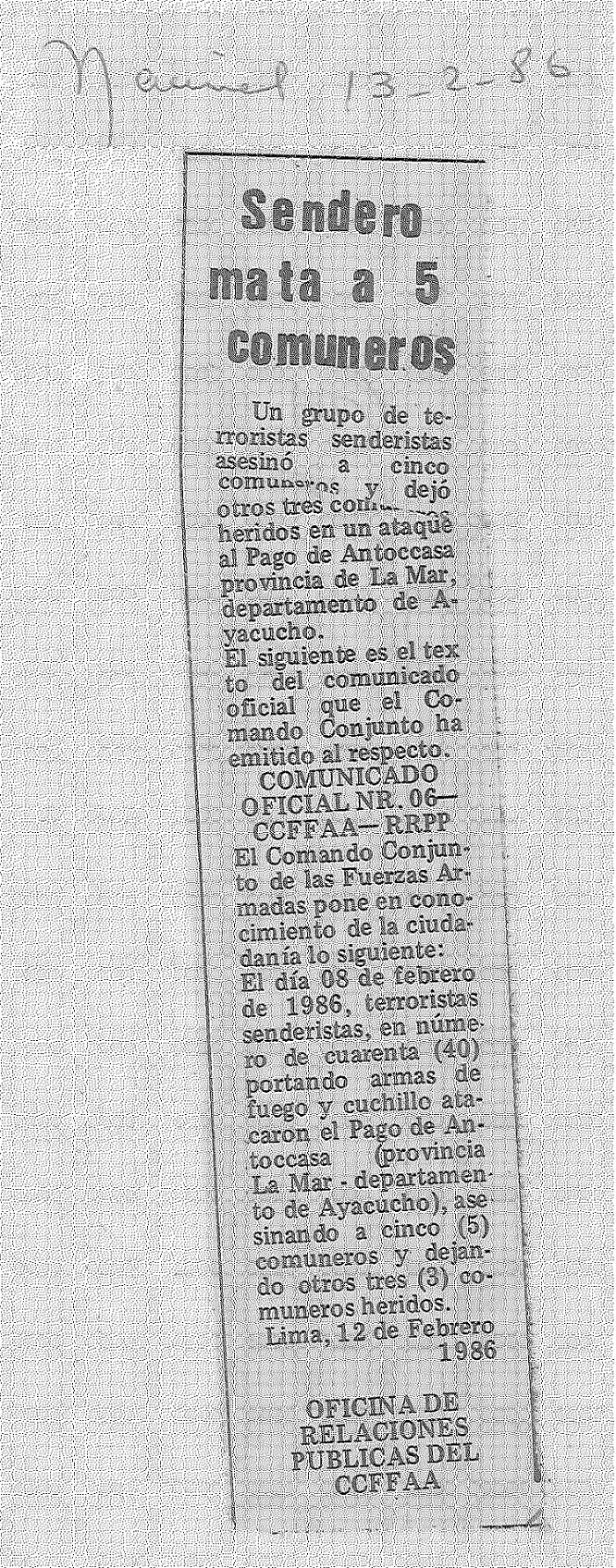 Sendero mata a 5 comuneros