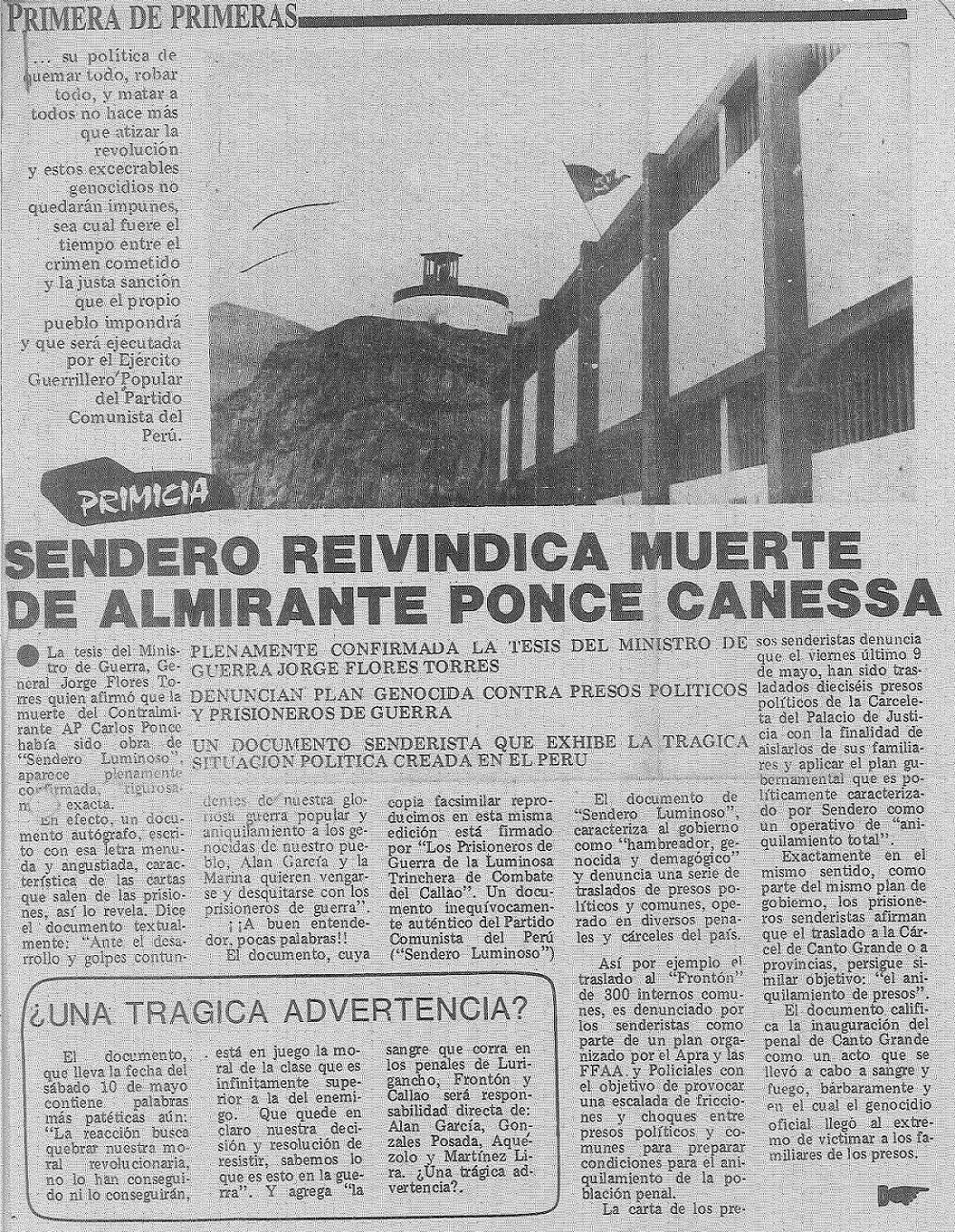 Sendero reivindica muerte de almirante Ponce Canessa