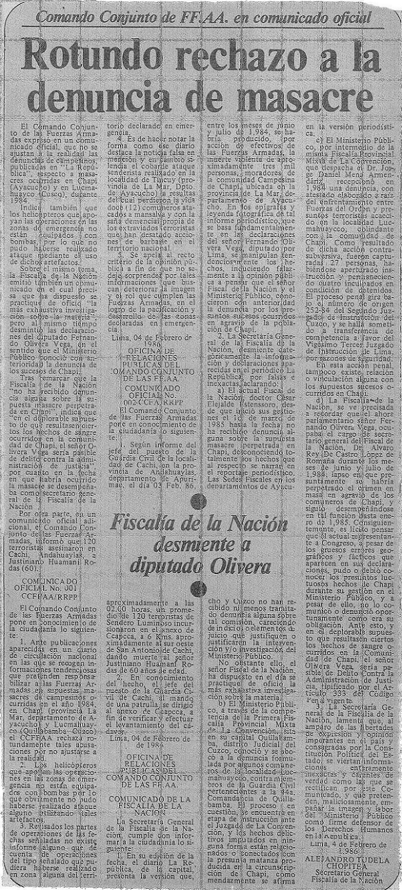 FF.AA. desmiente versión sobre masacre en Chapi