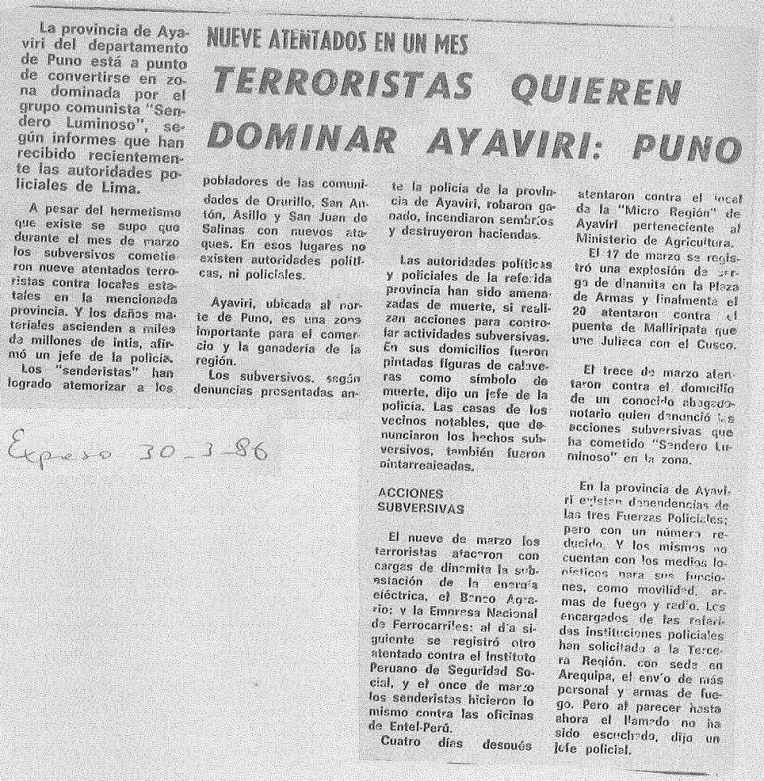 Terroristas atacan caseríos de Ayaviri