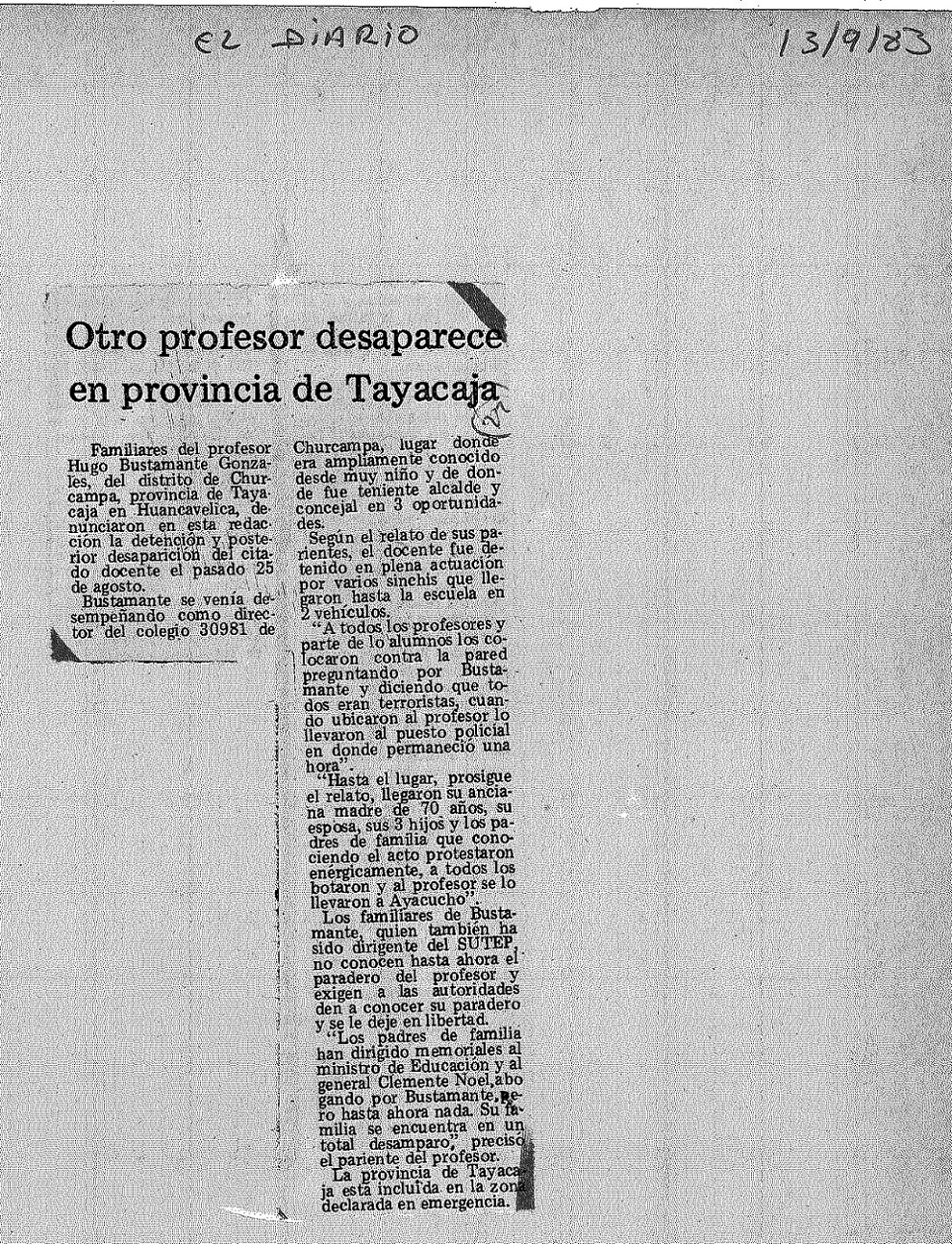 Otro profesor desaparece en provincia de Tayacaja