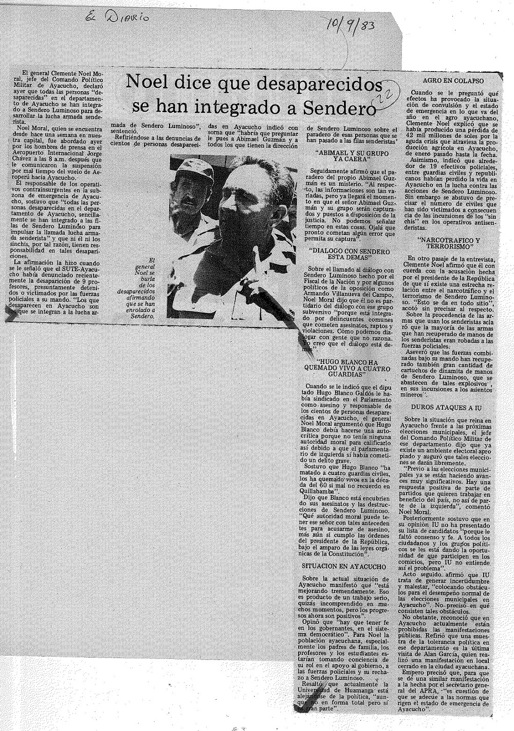 Noel dice que desaparecidos se han integrado a Sendero