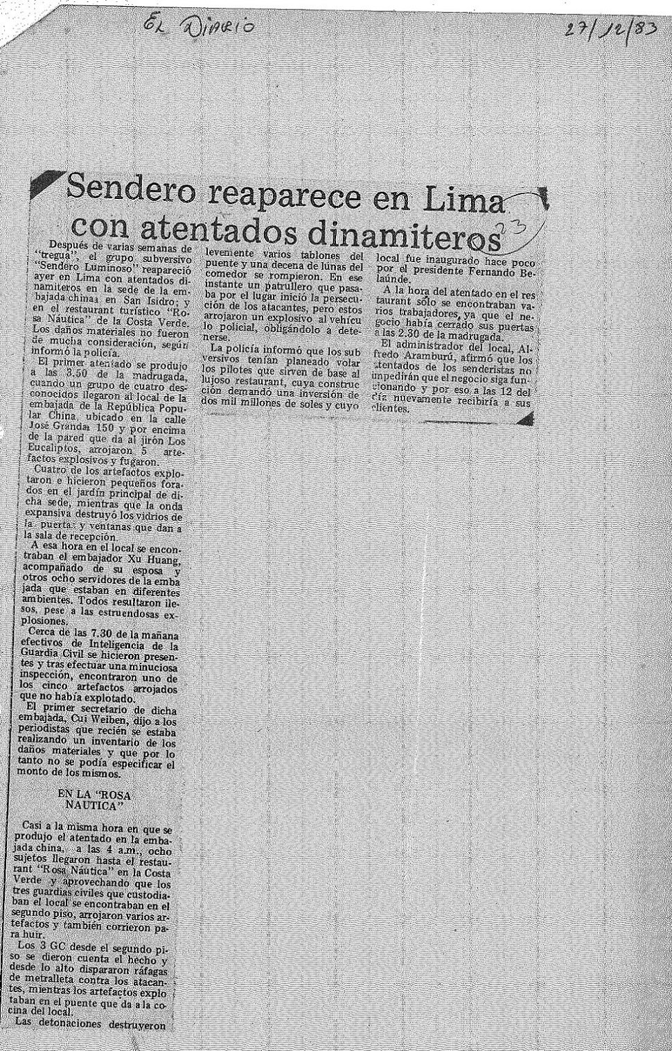 Sendero reaparece en Lima con atentados dinamiteros