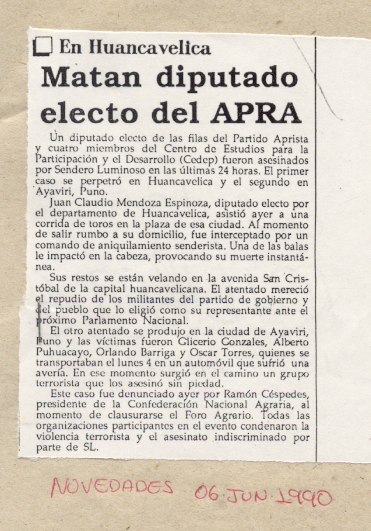6 JUNIO MATAN DIPUTADO ELECTO DEL APRA