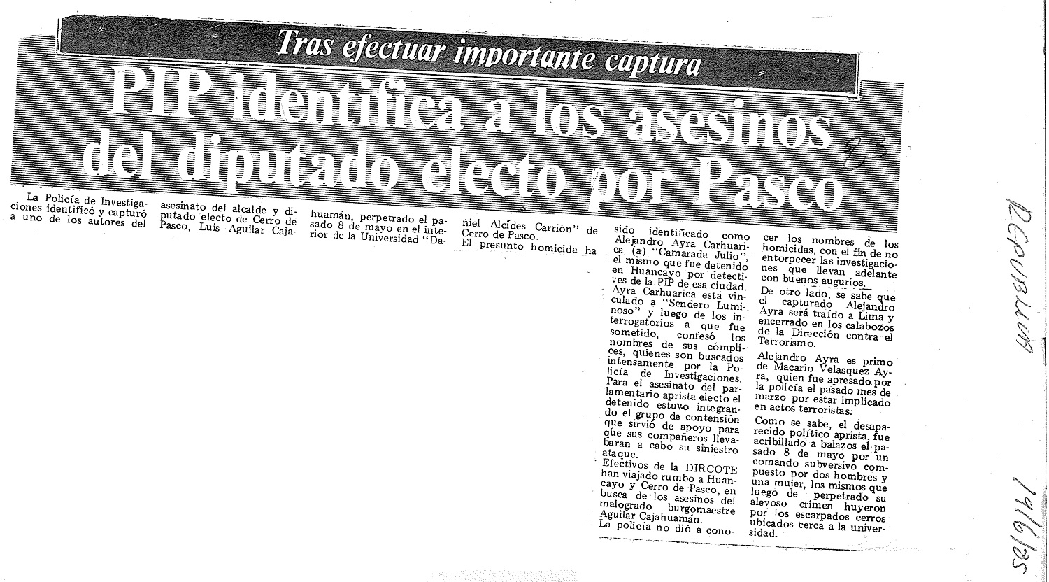 PIP identifica a los asesinos del diputado electo por Pasco