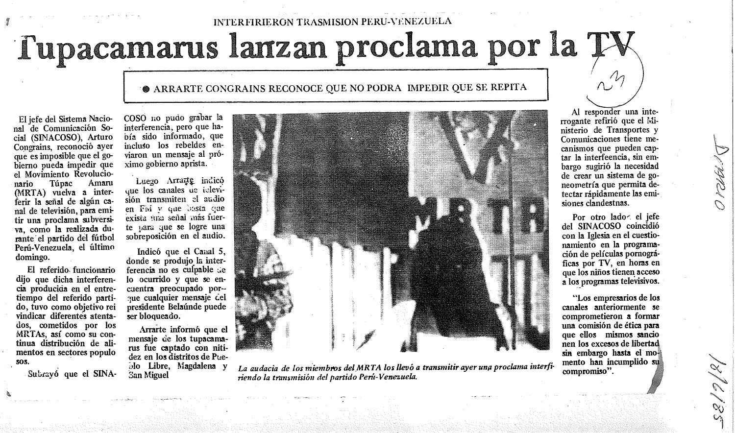 Tupacamarus lanzan proclama por la TV