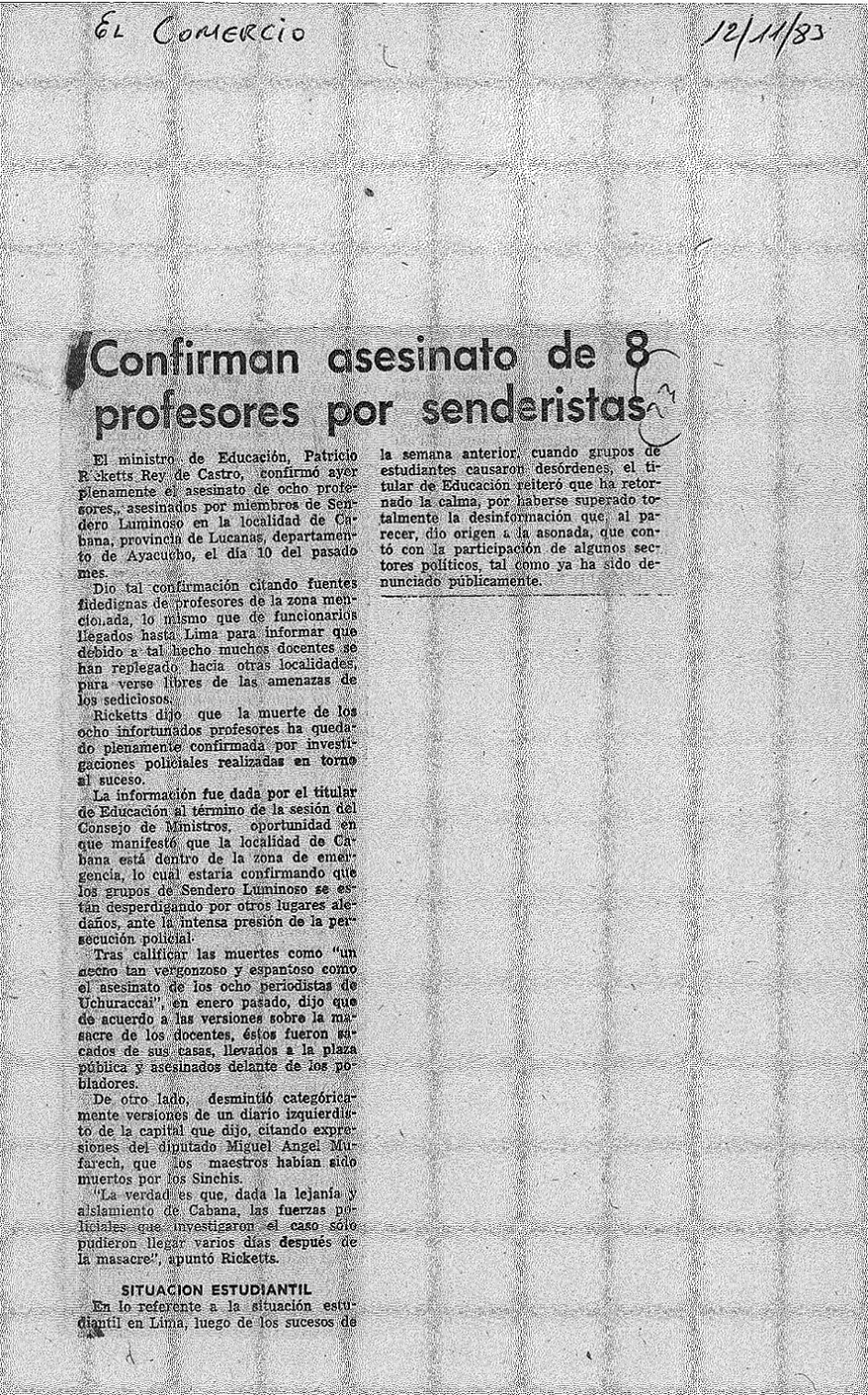 Confirman asesinato de 8 profesores por senderistas