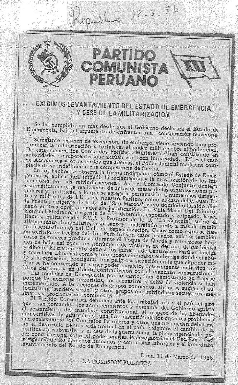 Partido Comunista Peruano: Exigimos levantamiento del estado de emergencia y cese de la militarización