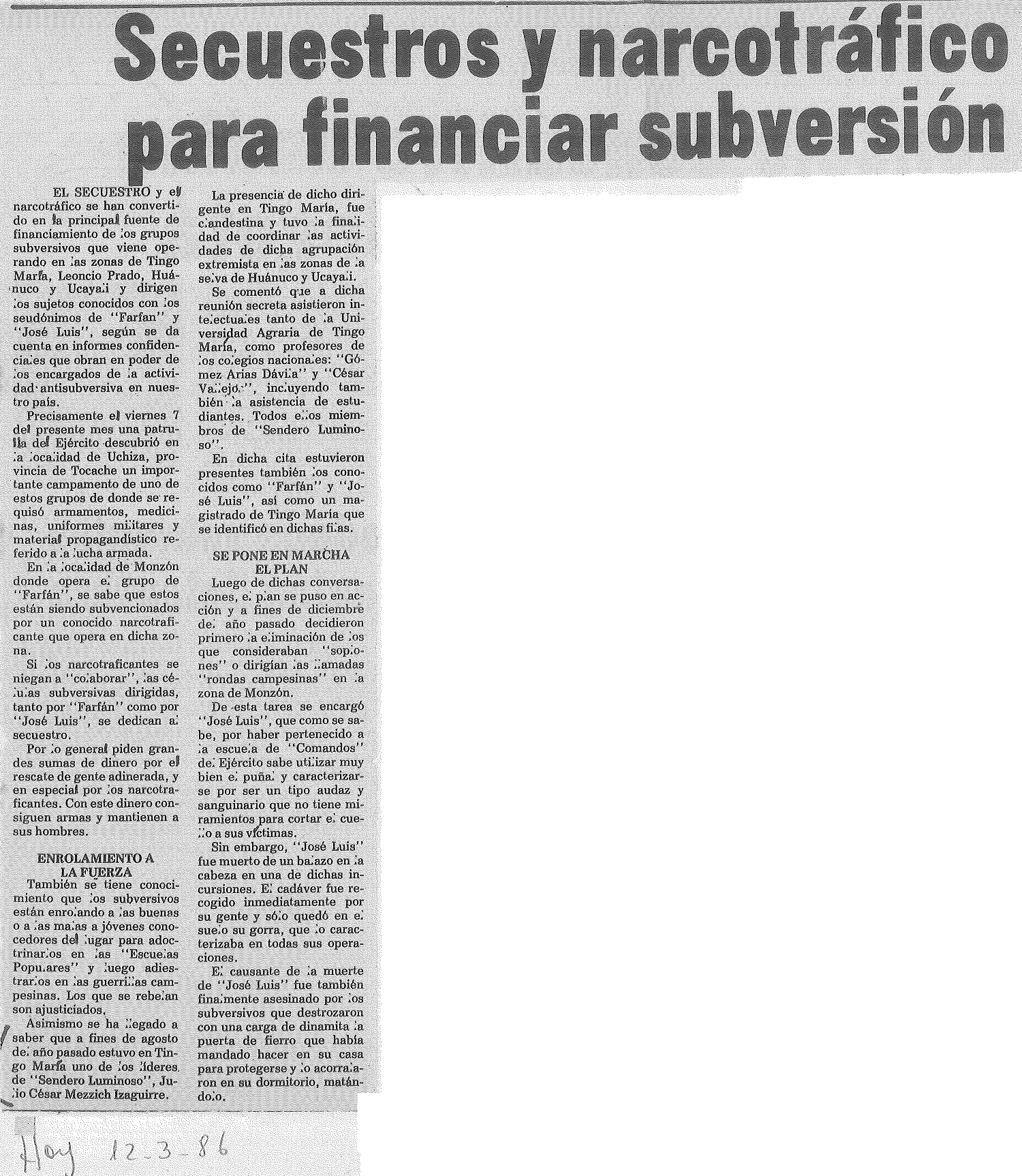 Secuestros y narcotráfico para financiar subversión