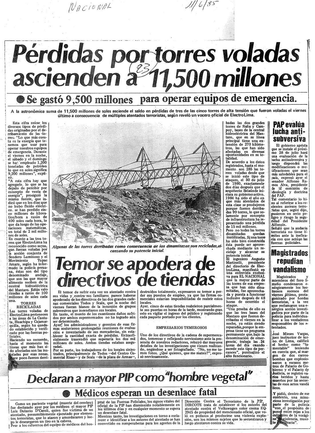 Pérdidas por torres voladas ascienden a 11.500 millones