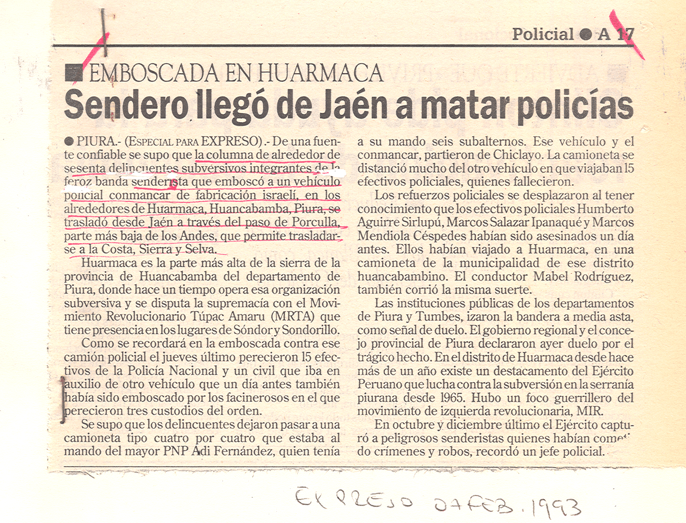 Sendero llega a Jaén a matar policías