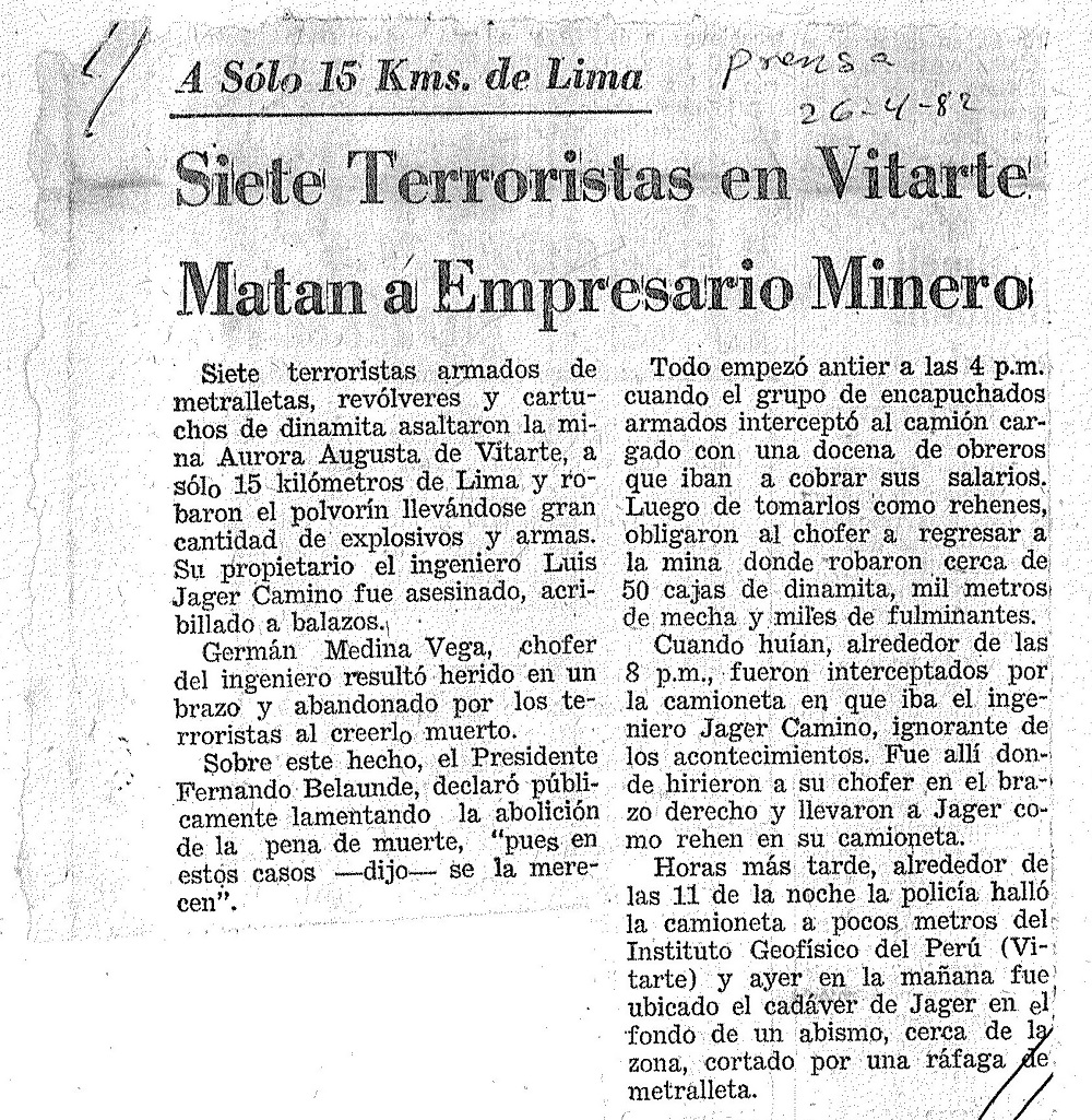 Siete terroristas en Vitarte matan a empresario minero