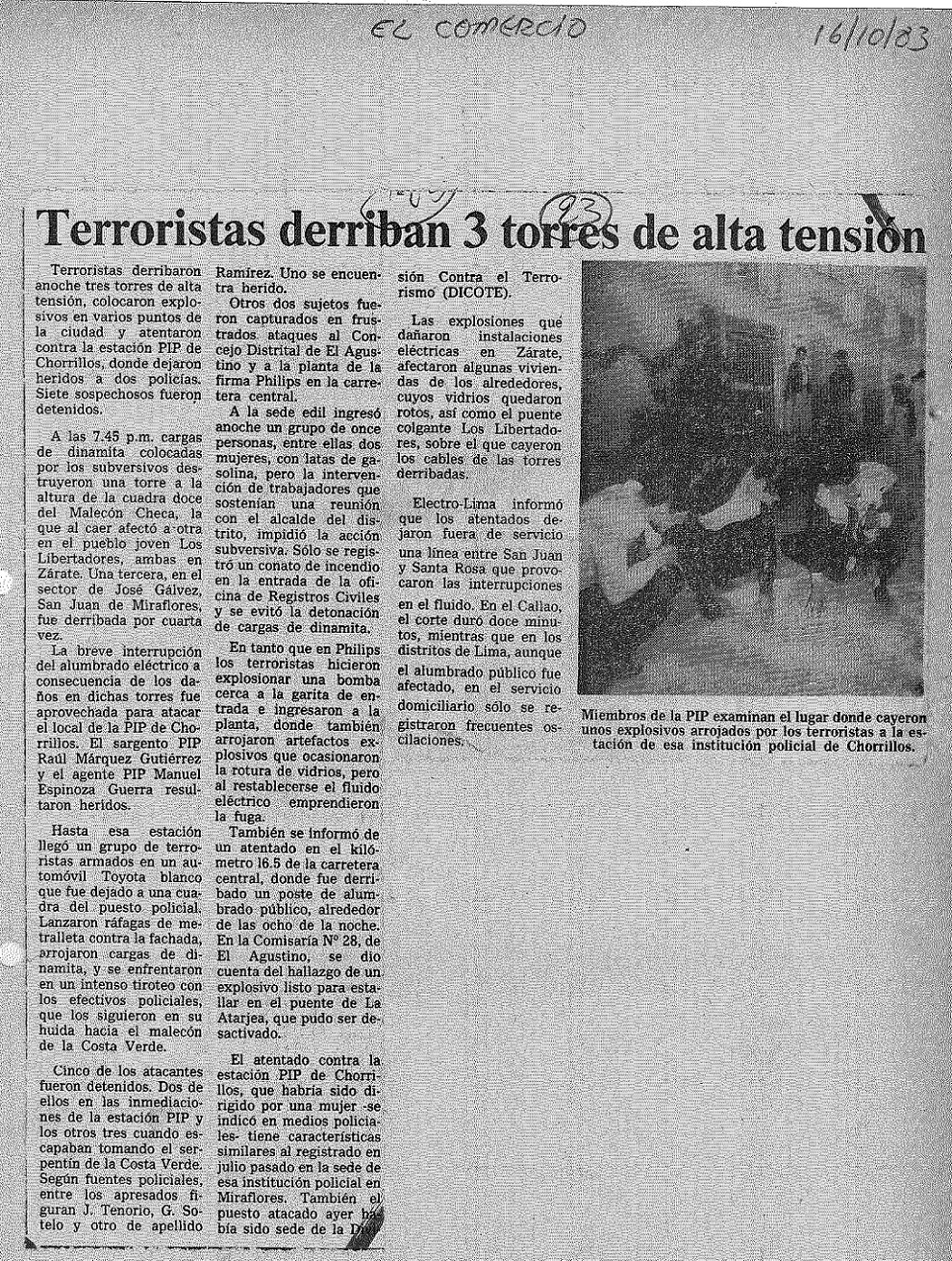 Terroristas derriban 3 torres de alta tensión