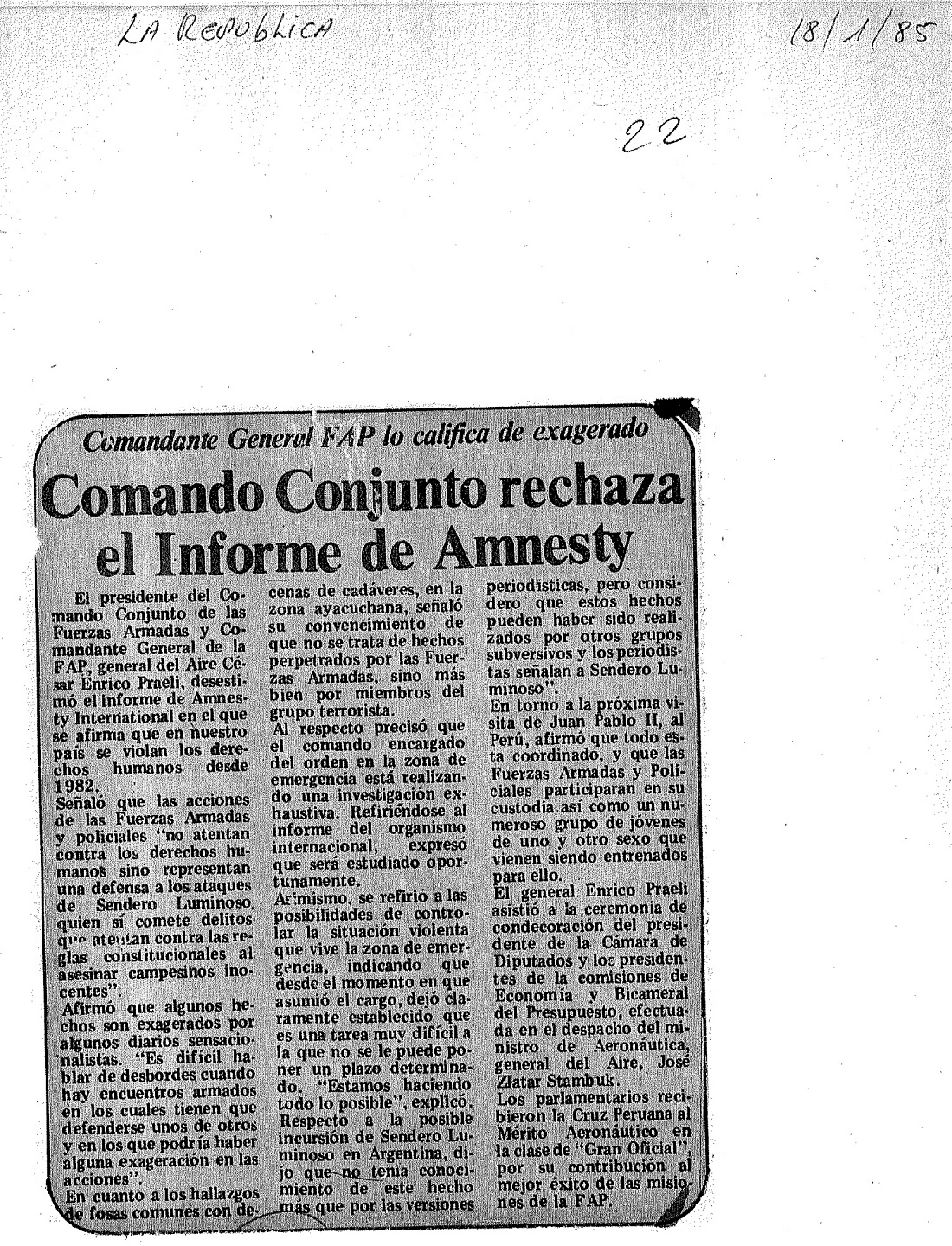 Comando Conjunto rechaza el Informe de Amnesty