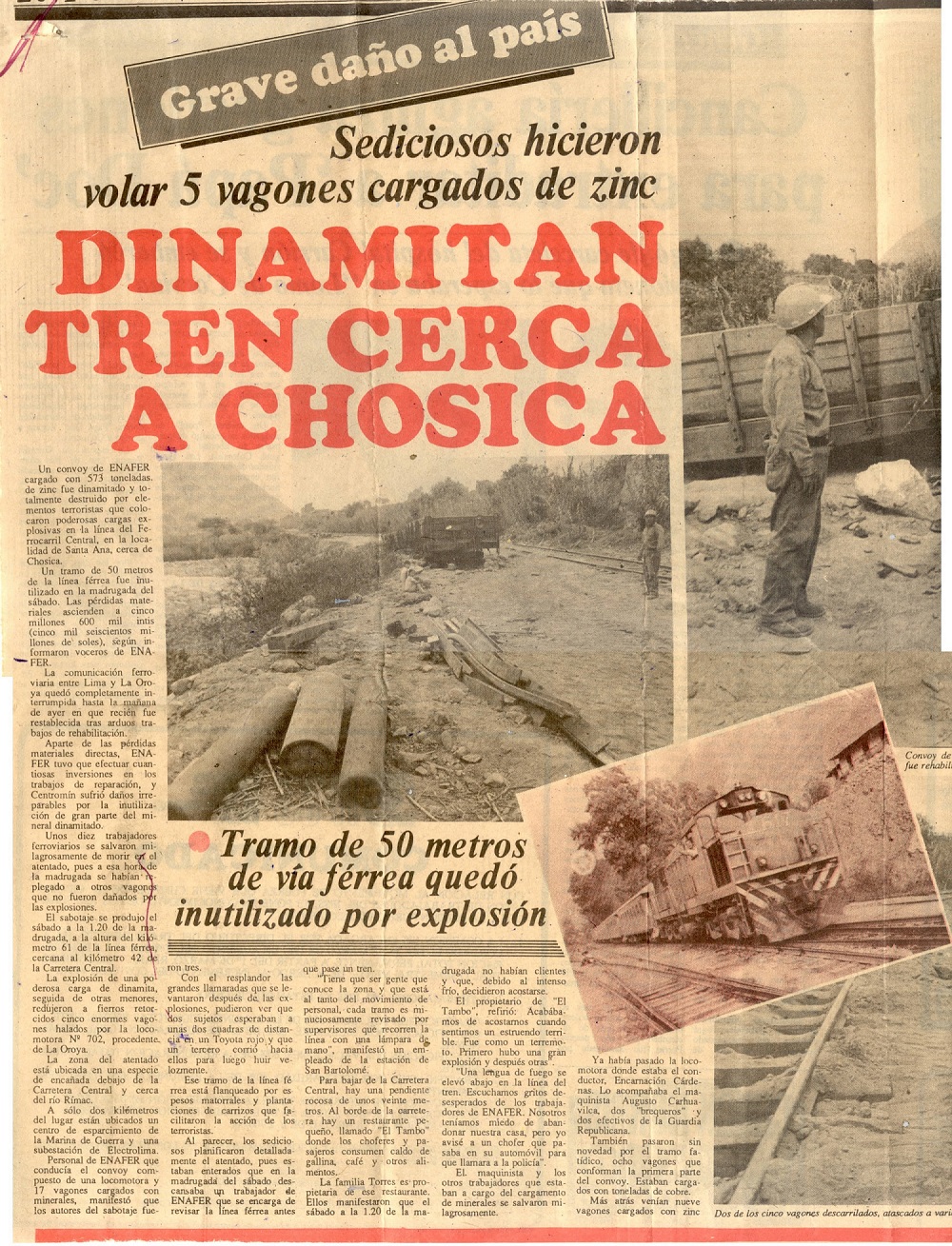 Dinamitan tren cerca a Chosica