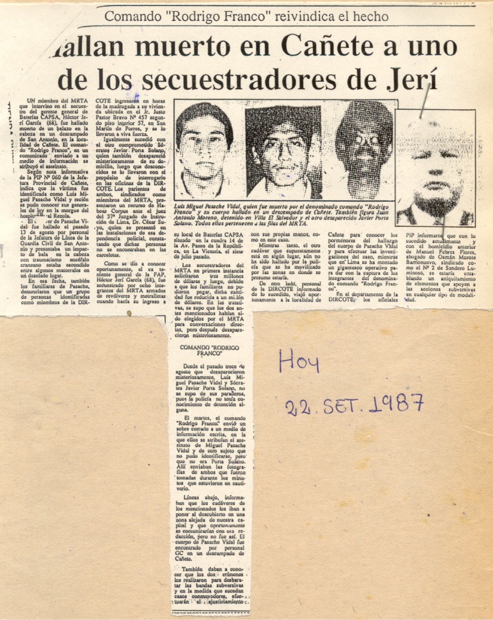 Hallan muerto en Cañete a uno de los secuestradores de Jerí