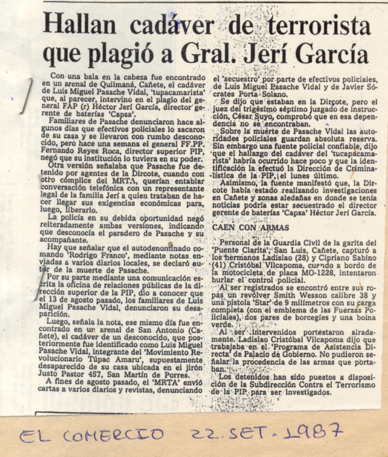 Hallan muerto en Cañete a uno de los secuestradores de Jerí