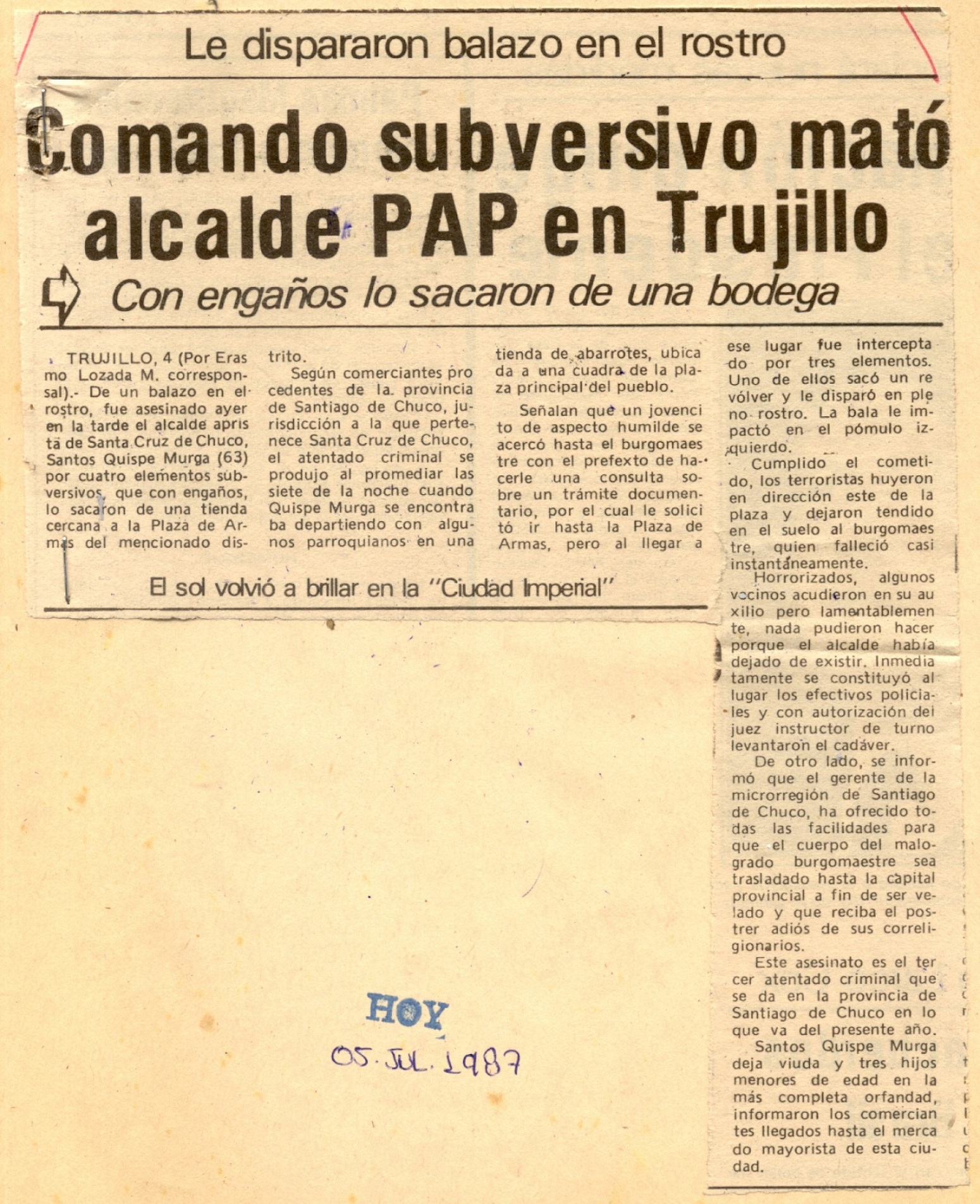 Asesinan otro Alcalde Aprista en La Libertad