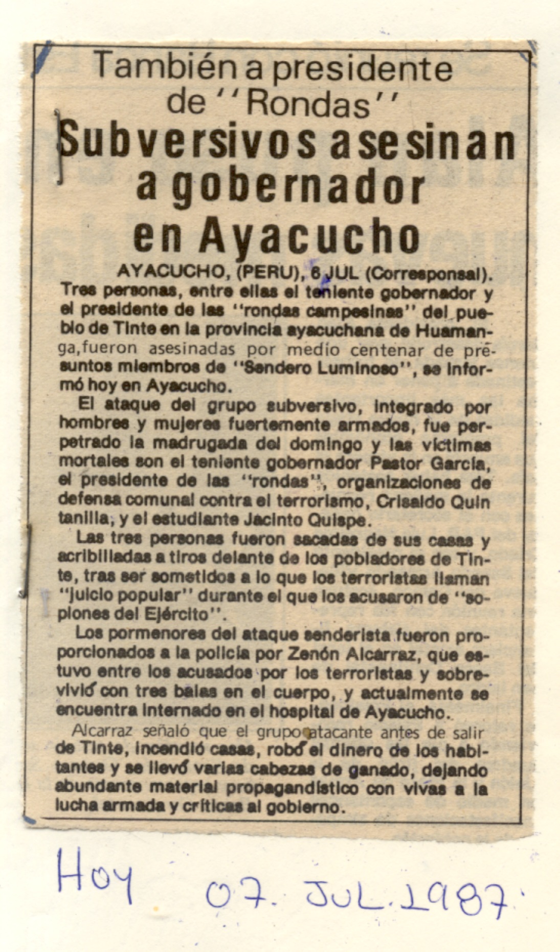 Asesinan Teniente Gobernador en Ayacucho
