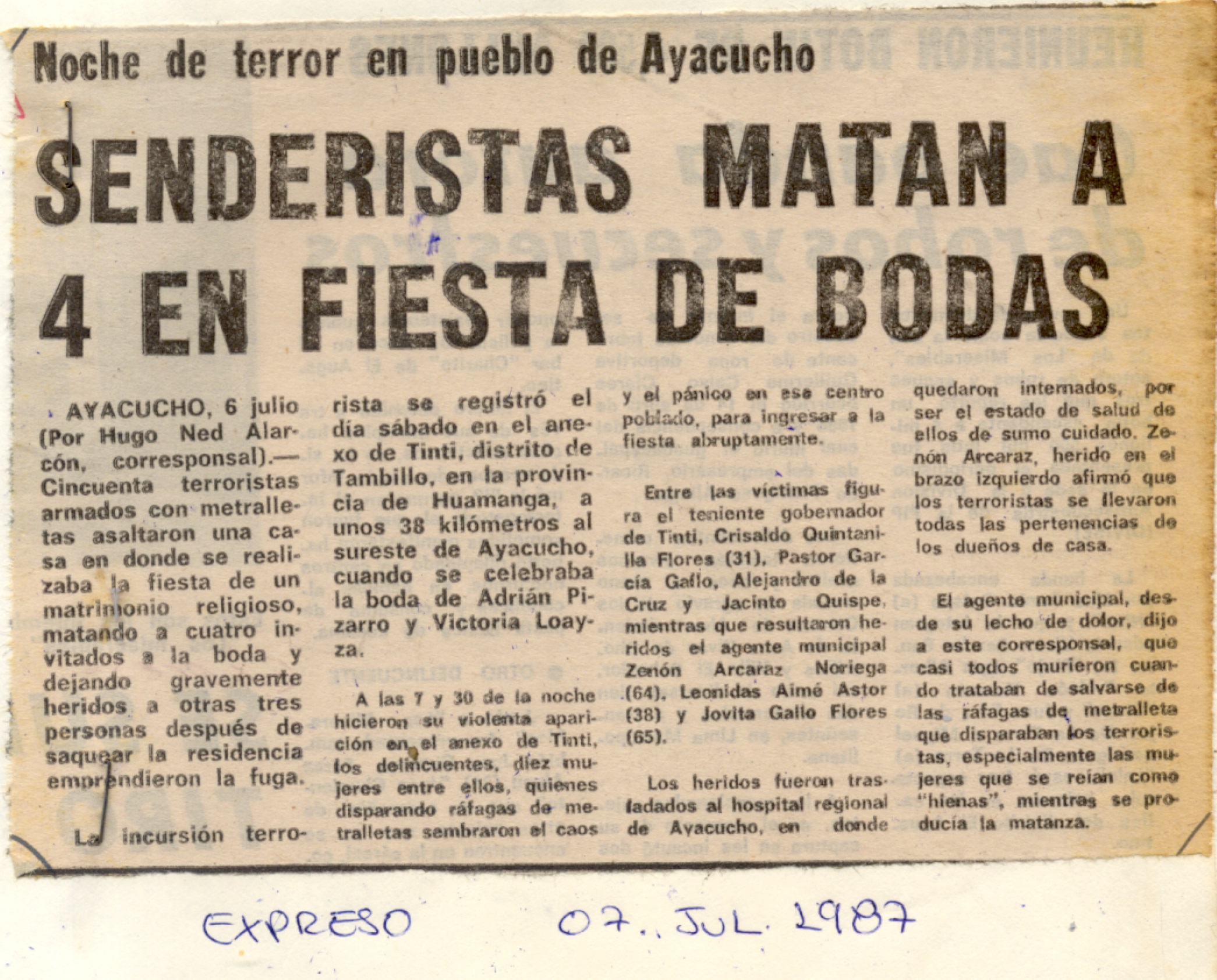 Asesinan Teniente Gobernador en Ayacucho