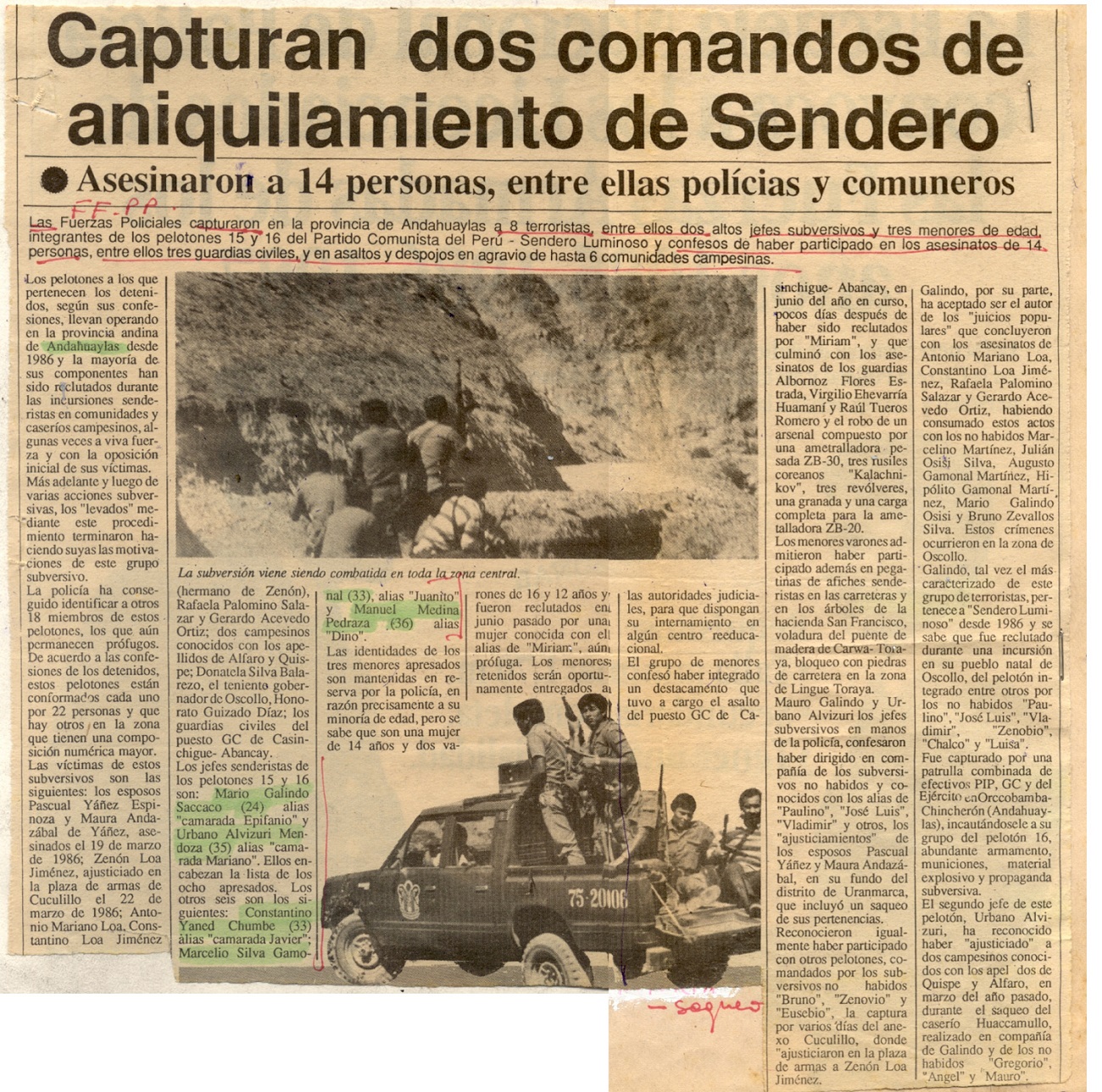 Capturan dos comandos de aniquilamiento de Sendero