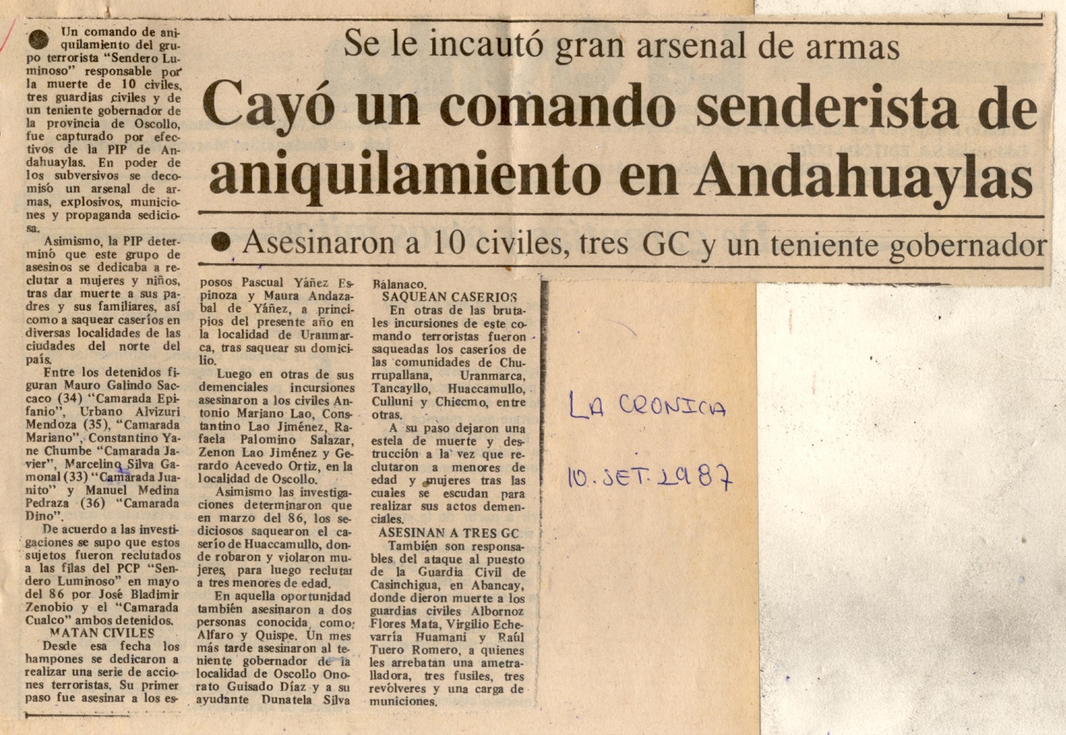 Capturan  comandos de aniquilamiento de Sendero