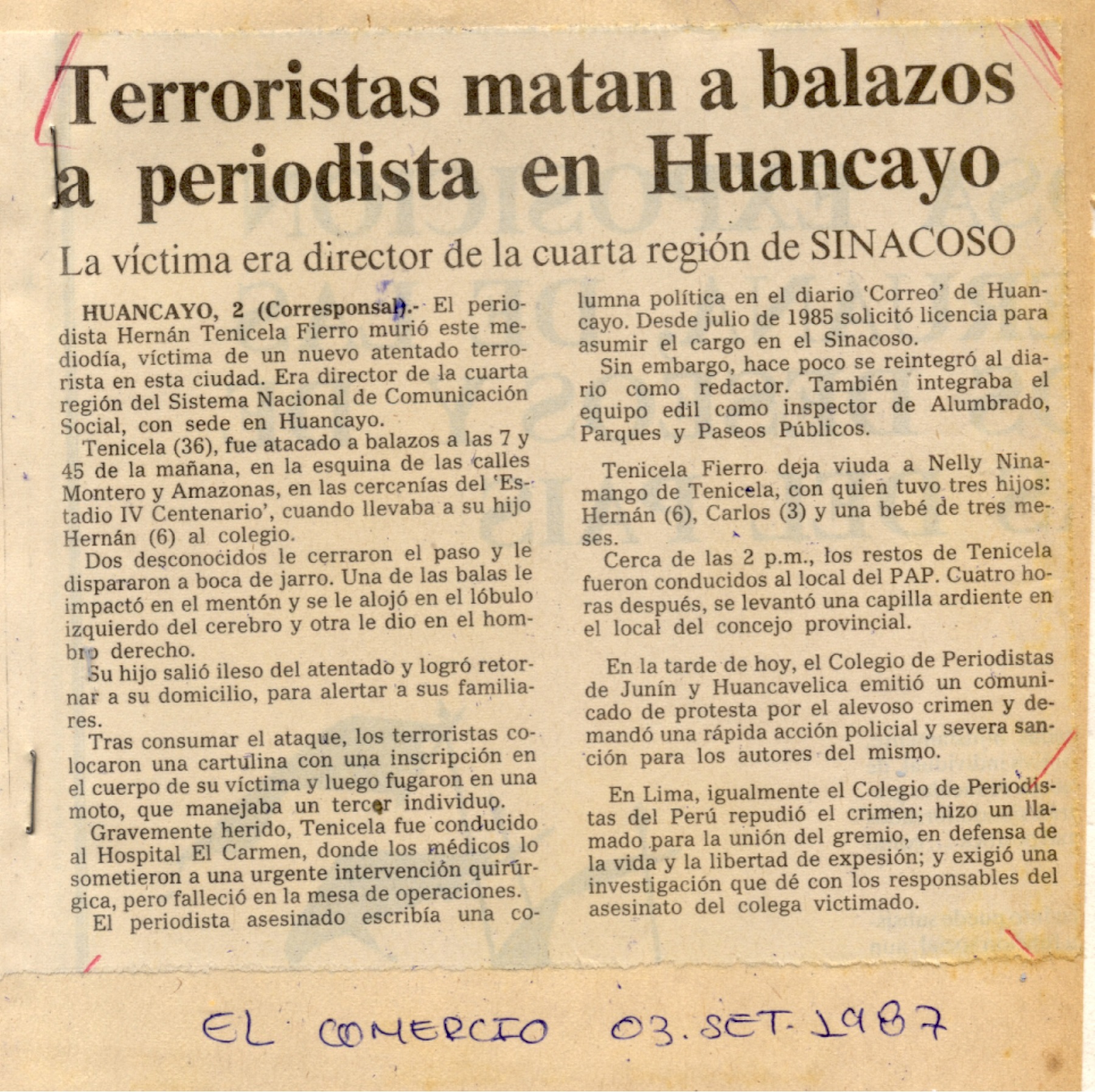 Terroristas matan a balazos a periodista en Huancayo