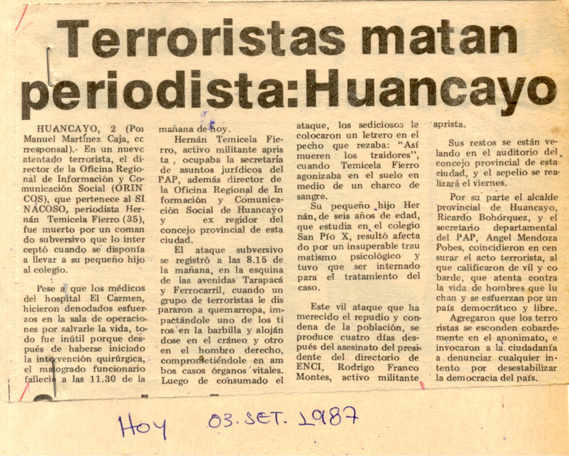 Terroristas matan a balazos a periodista en Huancayo