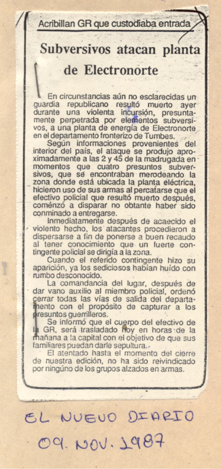 Subversivos atacan planta de Electronorte