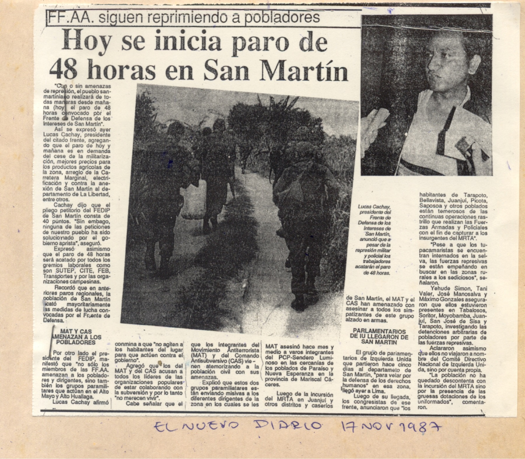 San Martín ratifica paro pese a militarización de la zona