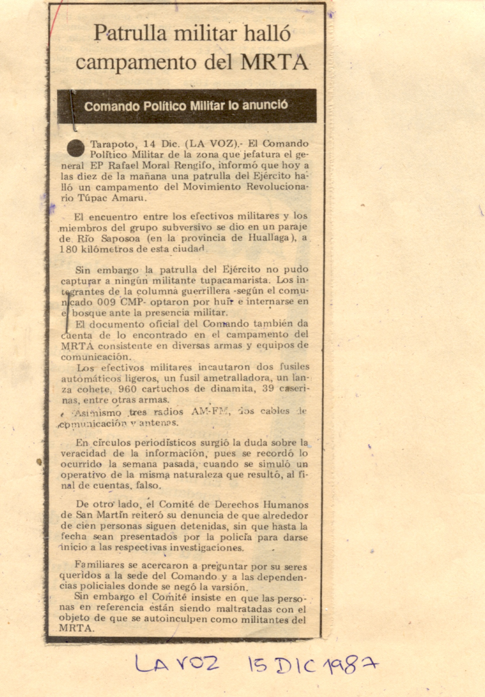 Abundante material bélico deja MRTA