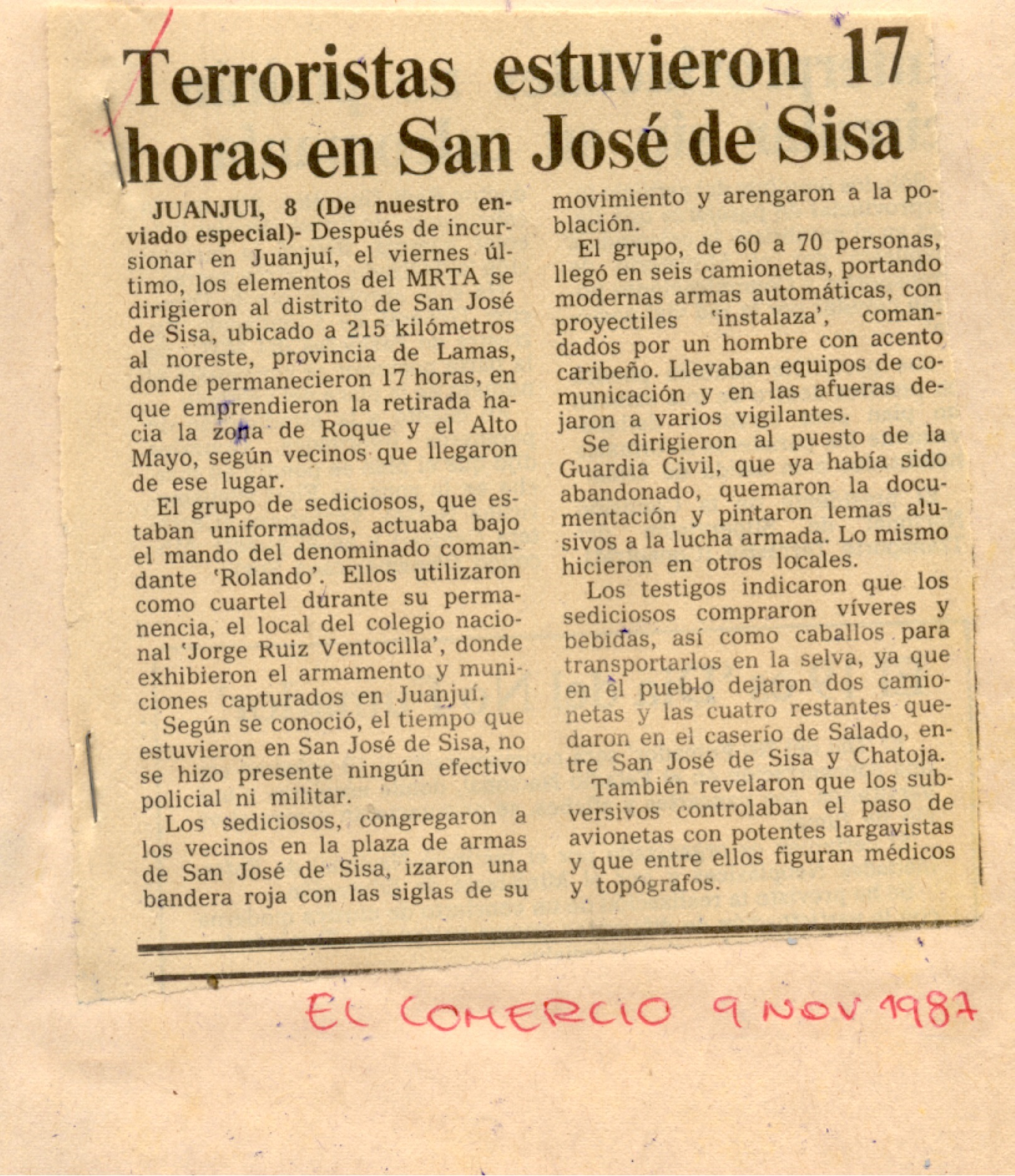 Terroristas toman San José de Sisa