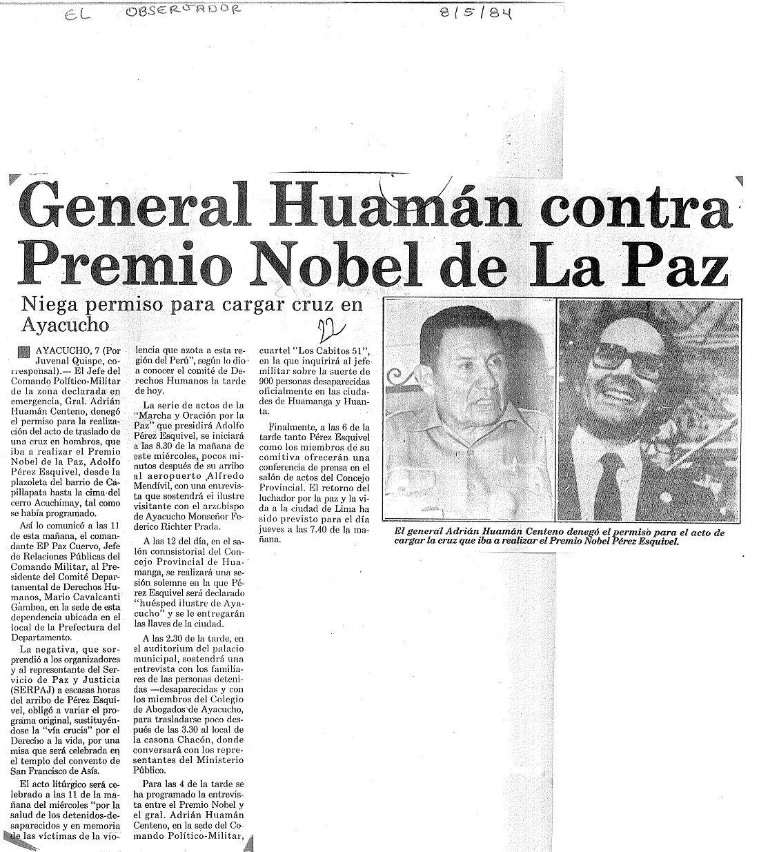 General Huamán contra Premio Nobel de La Paz